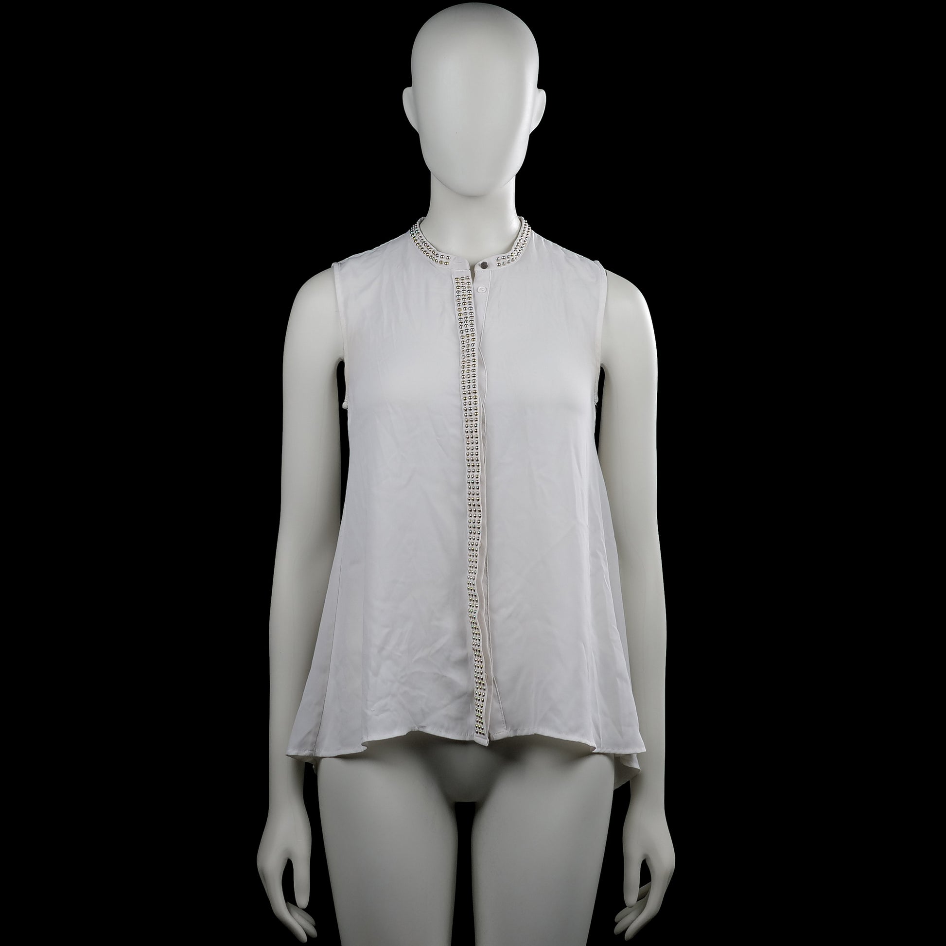 H&M - Blouse - White - Size 34 - White sleeveless solid top with a round neckline and a partial front button placket. Features stud detailing along the neckline and placket and a curved hem.