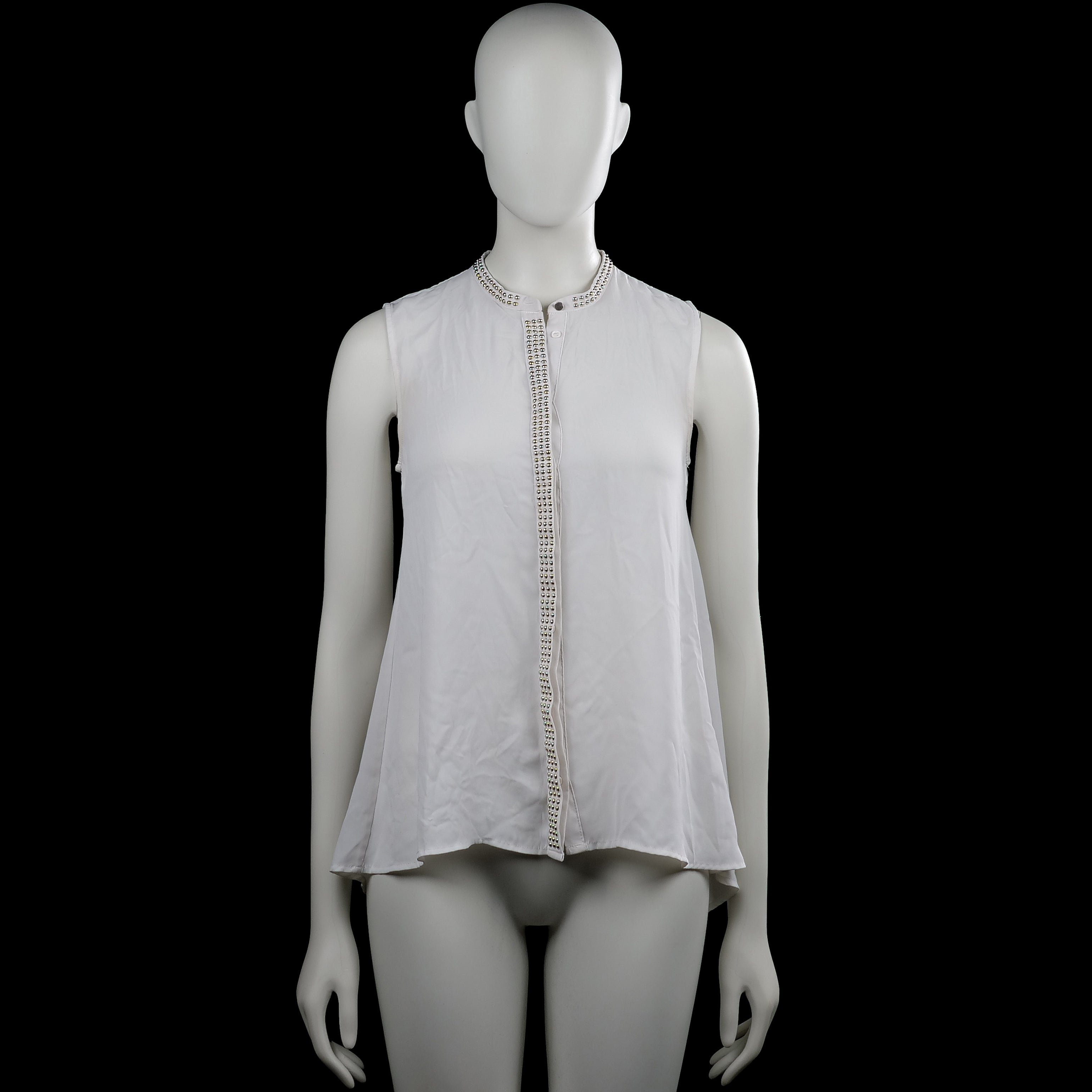 H&M - Blouse - White - Size 34 - White sleeveless solid top with a round neckline and a partial front button placket. Features stud detailing along the neckline and placket and a curved hem.