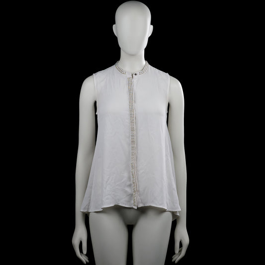 H&M - Blouse - White - Size 34 - White sleeveless solid top with a round neckline and a partial front button placket. Features stud detailing along the neckline and placket and a curved hem.