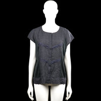 Moeeyi - Blouse - Dark Gray - Size XL - Dark gray top with a round neck and short sleeves. Features a front button placket and an all-over dotted pattern with straight hem.