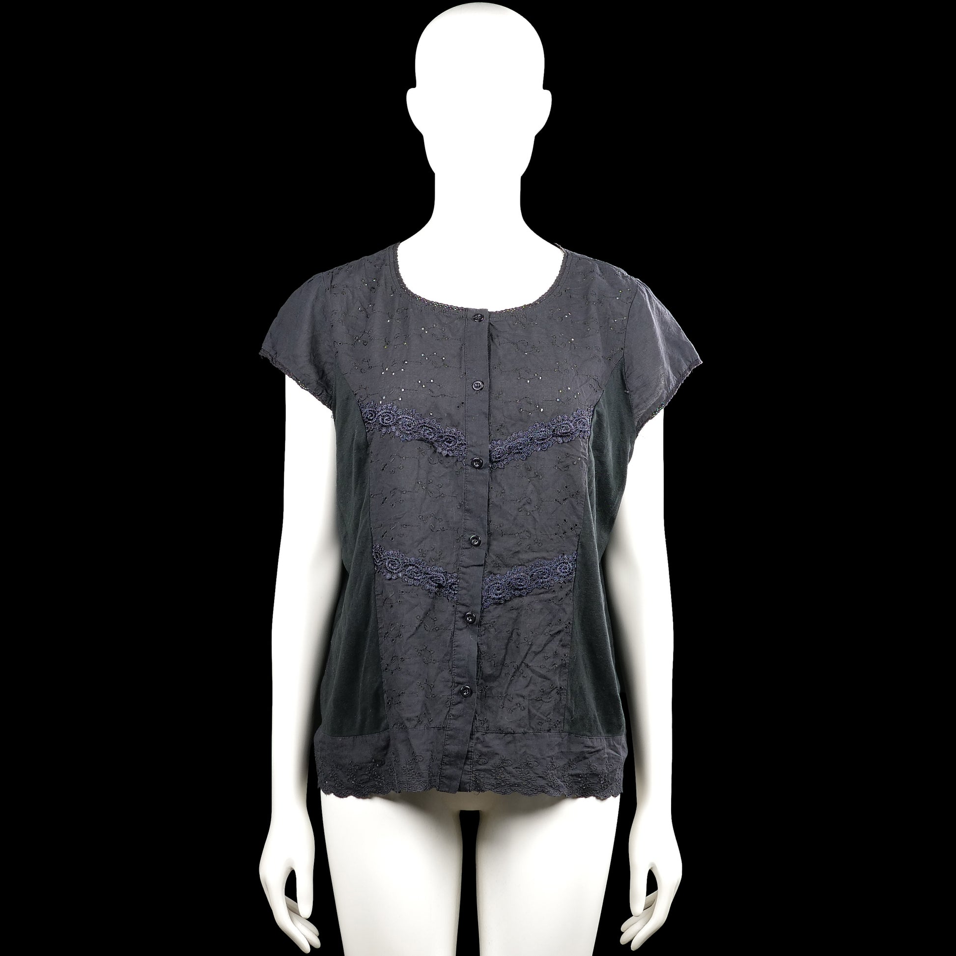 Moeeyi - Blouse - Dark Gray - Size XL - Dark gray top with a round neck and short sleeves. Features a front button placket and an all-over dotted pattern with straight hem.