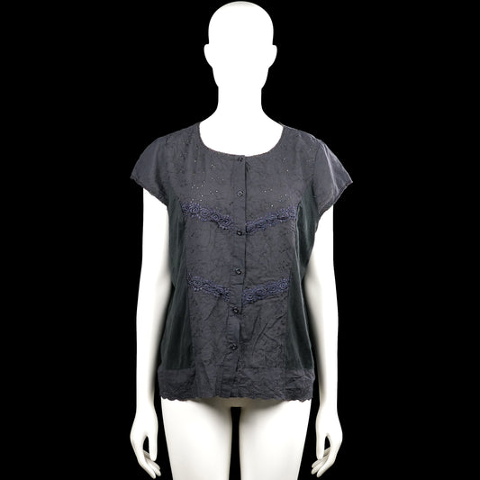 Moeeyi - Blouse - Dark Gray - Size XL - Dark gray top with a round neck and short sleeves. Features a front button placket and an all-over dotted pattern with straight hem.