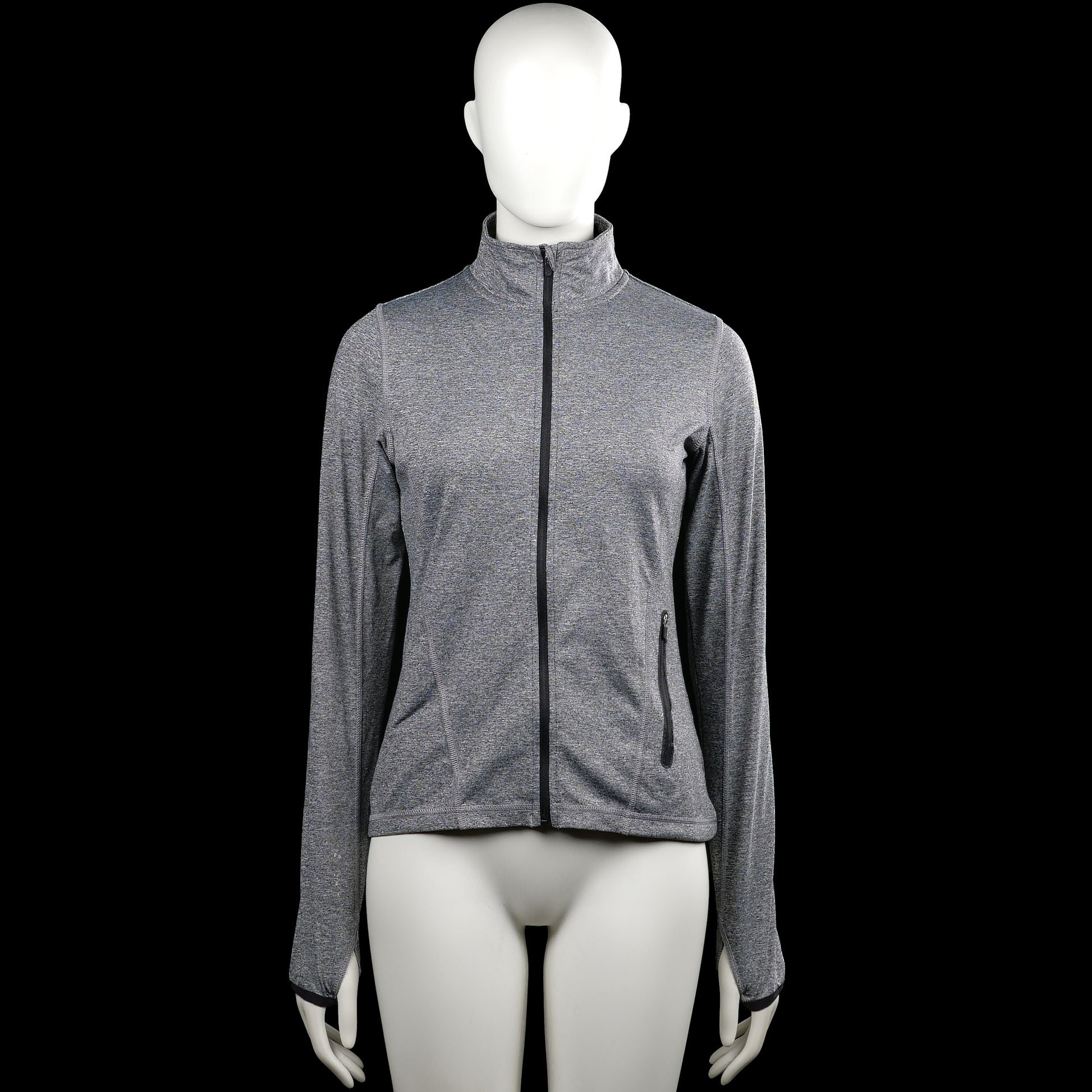 Stadium - Sports top - Gray & Black - Size M - Gray solid long-sleeve top with a high neck and full-length front zipper. Features black zipper trim, a zip pocket, plain cuffs, and a straight hem.