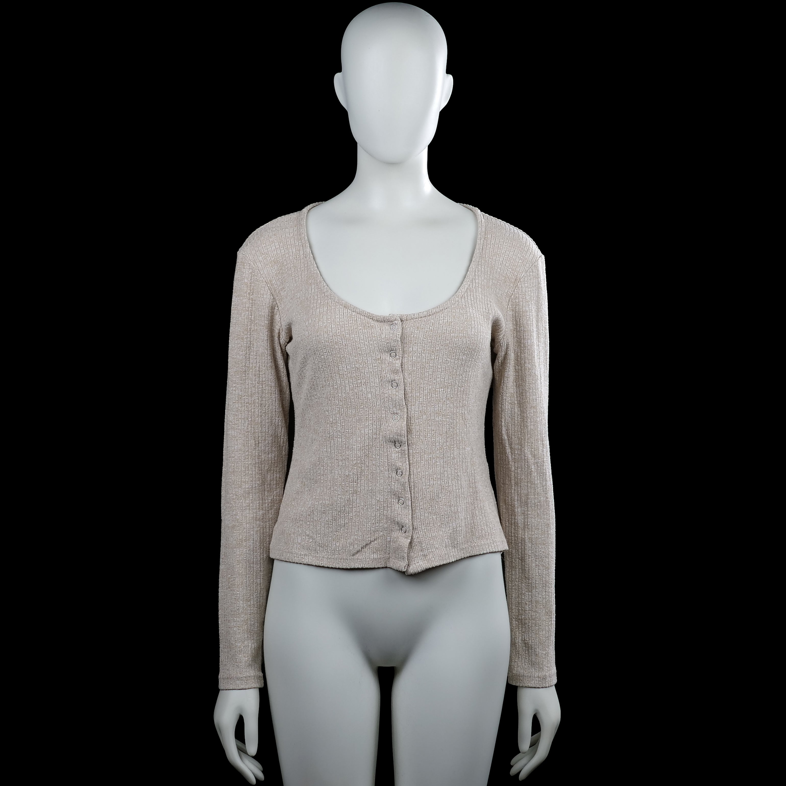 Nly trend - Cardigan - Beige - Size M - Beige solid ribbed top with a scoop neckline and long sleeves. Features a front button closure, plain cuffs, and a straight hem.