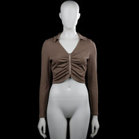Shein - Long-sleeve top - Taupe - Size M - Taupe solid long-sleeve top with a classic collar and a center front zipper. Features ruching down the front and a straight cropped hem with plain cuffs.