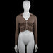 Shein - Long-sleeve top - Taupe - Size M - Taupe solid long-sleeve top with a classic collar and a center front zipper. Features ruching down the front and a straight cropped hem with plain cuffs.