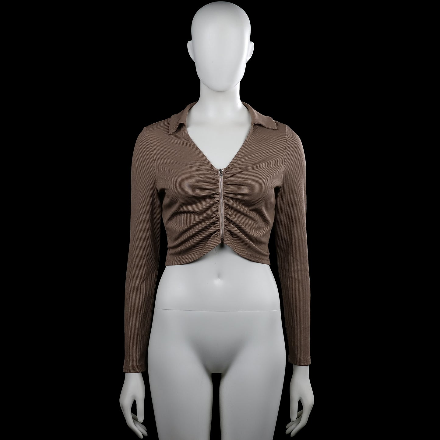 Shein - Long-sleeve top - Taupe - Size M - Taupe solid long-sleeve top with a classic collar and a center front zipper. Features ruching down the front and a straight cropped hem with plain cuffs.