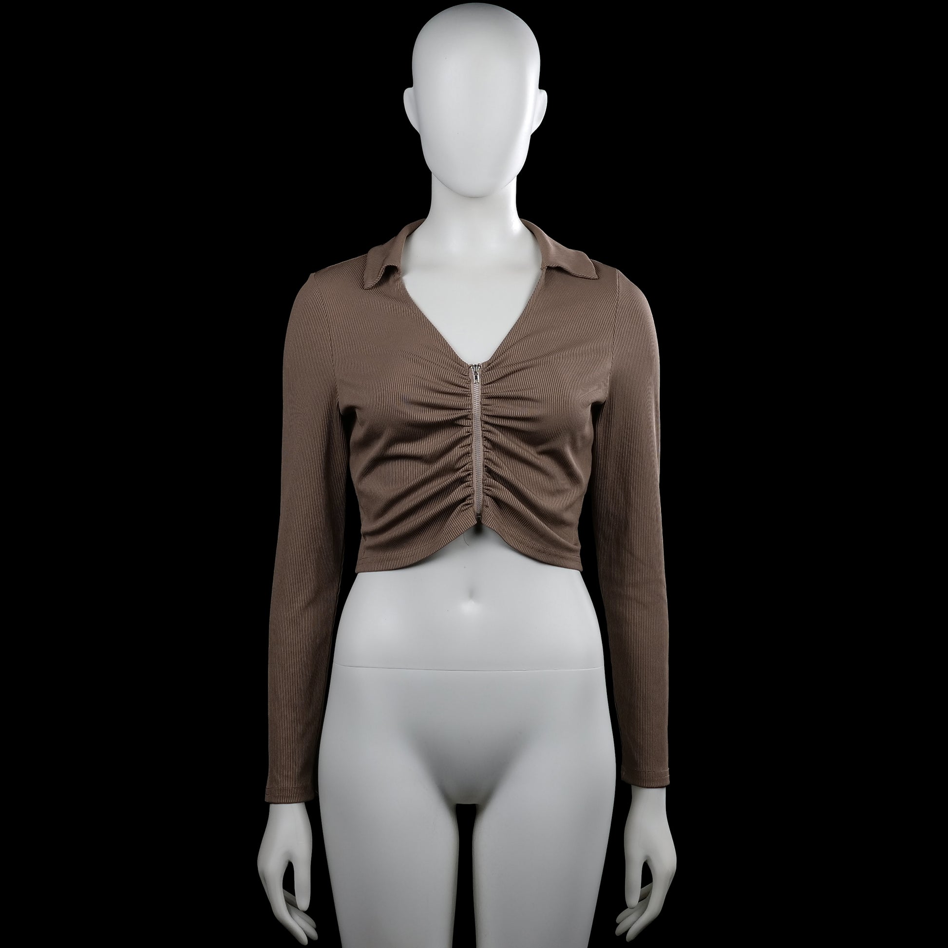 Shein - Long-sleeve top - Taupe - Size M - Taupe solid long-sleeve top with a classic collar and a center front zipper. Features ruching down the front and a straight cropped hem with plain cuffs.