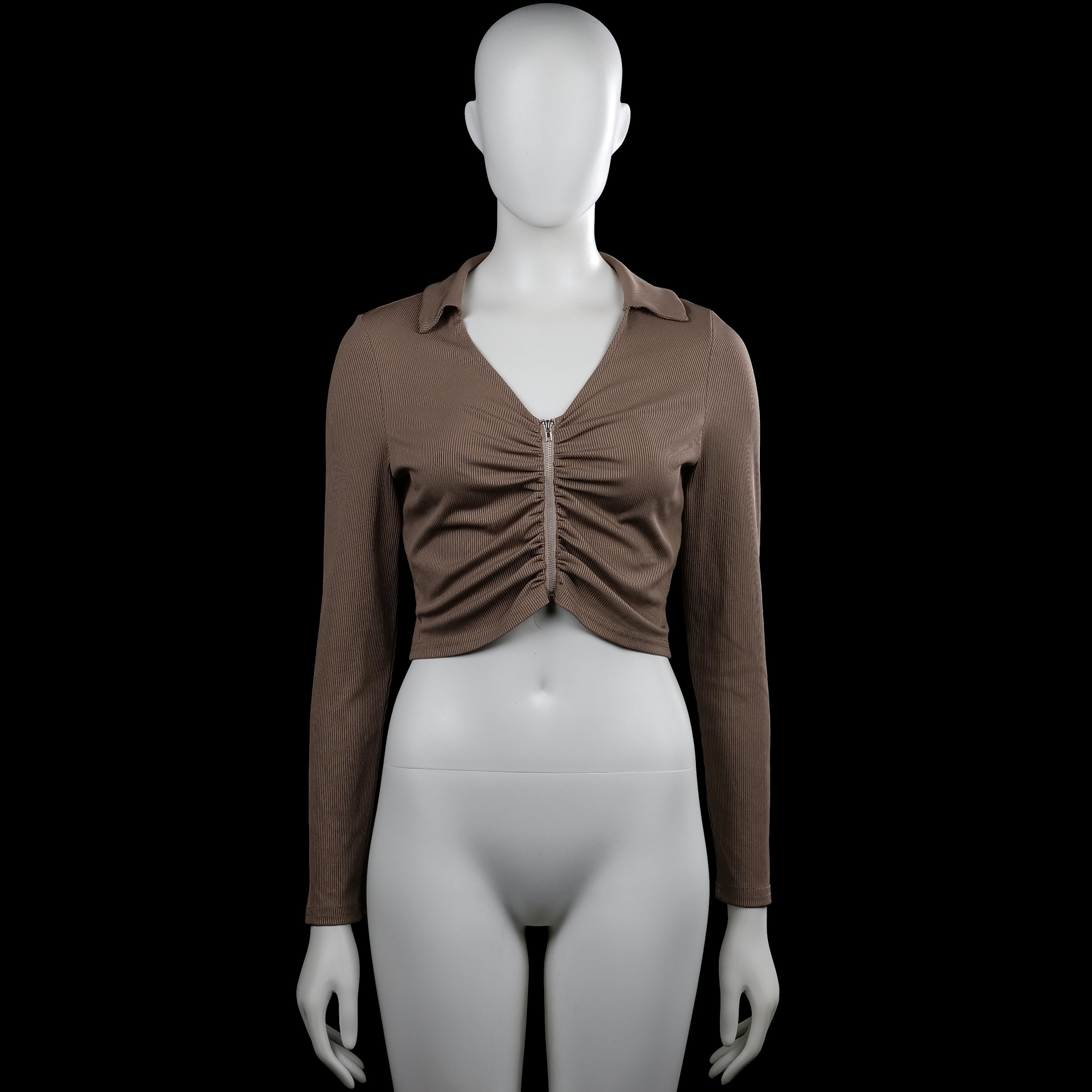Shein - Long-sleeve top - Taupe - Size M - Taupe solid long-sleeve top with a classic collar and a center front zipper. Features ruching down the front and a straight cropped hem with plain cuffs.