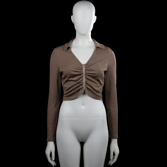 Shein - Long-sleeve top - Taupe - Size M - Taupe solid long-sleeve top with a classic collar and a center front zipper. Features ruching down the front and a straight cropped hem with plain cuffs.