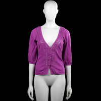 Mng - Cardigan - Purple - Size M - Purple solid top with a V-neckline and three-quarter sleeves. Features crochet trim along the neckline and button placket, with a straight hem and plain cuffs.