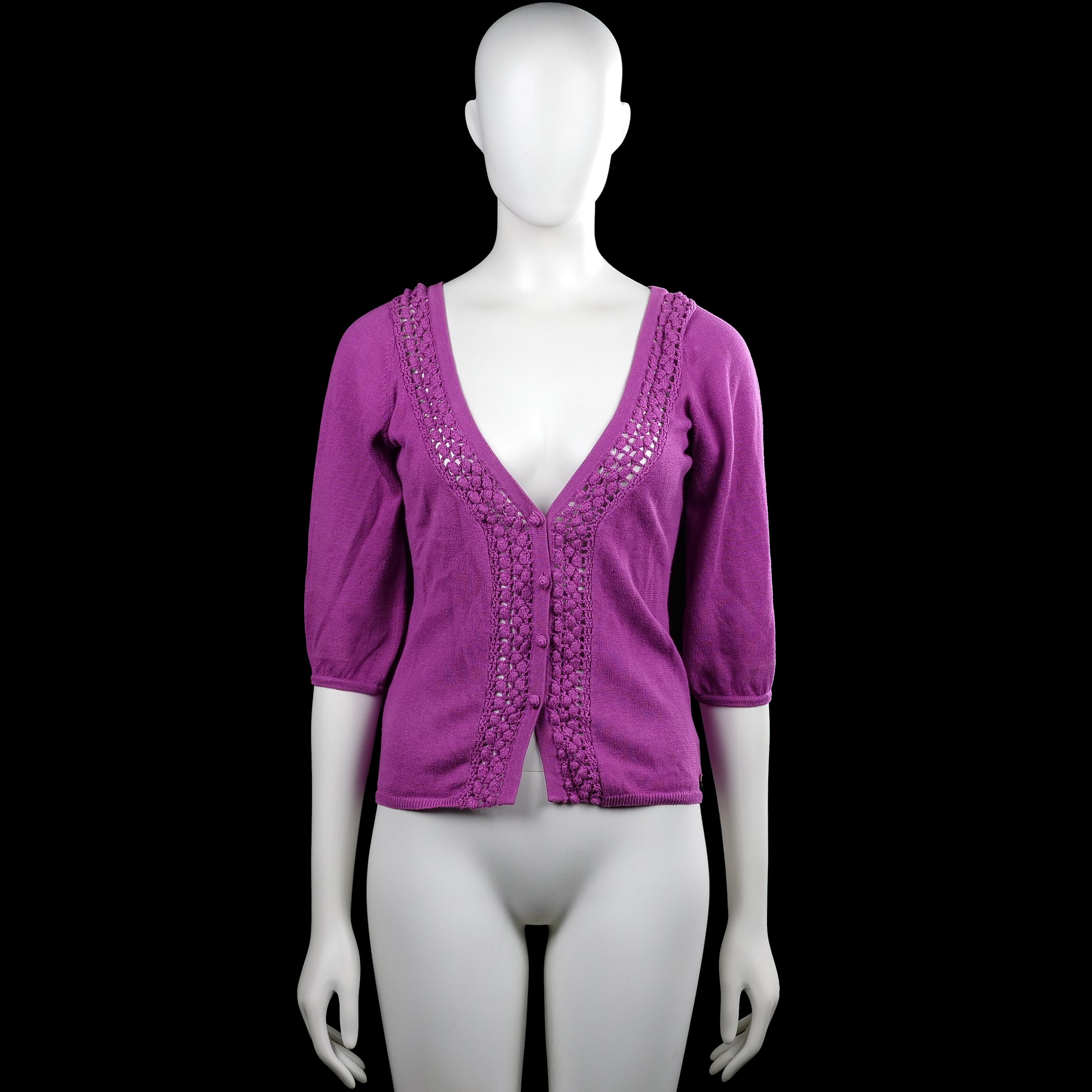 Mng - Cardigan - Purple - Size M - Purple solid top with a V-neckline and three-quarter sleeves. Features crochet trim along the neckline and button placket, with a straight hem and plain cuffs.