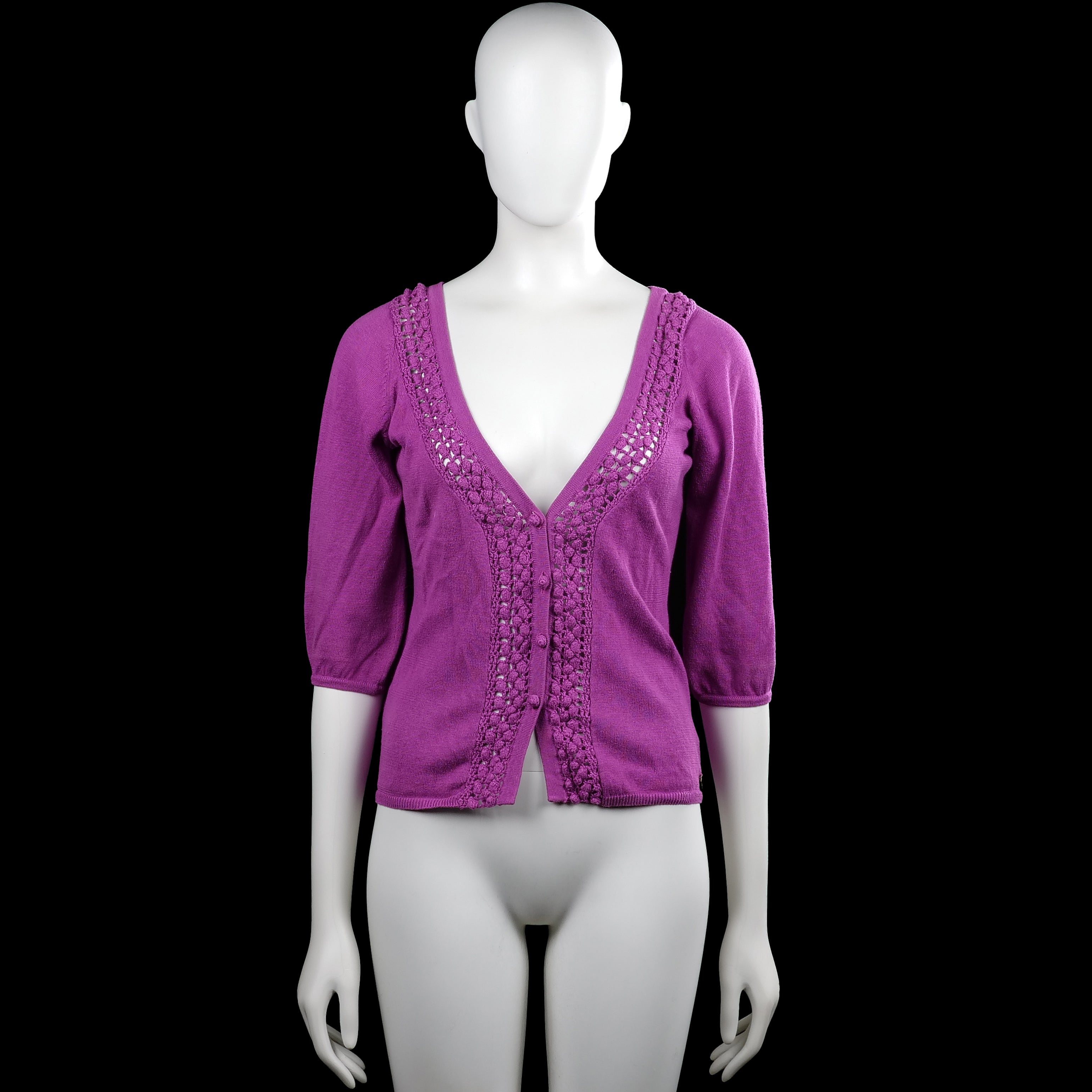 Mng - Cardigan - Purple - Size M - Purple solid top with a V-neckline and three-quarter sleeves. Features crochet trim along the neckline and button placket, with a straight hem and plain cuffs.