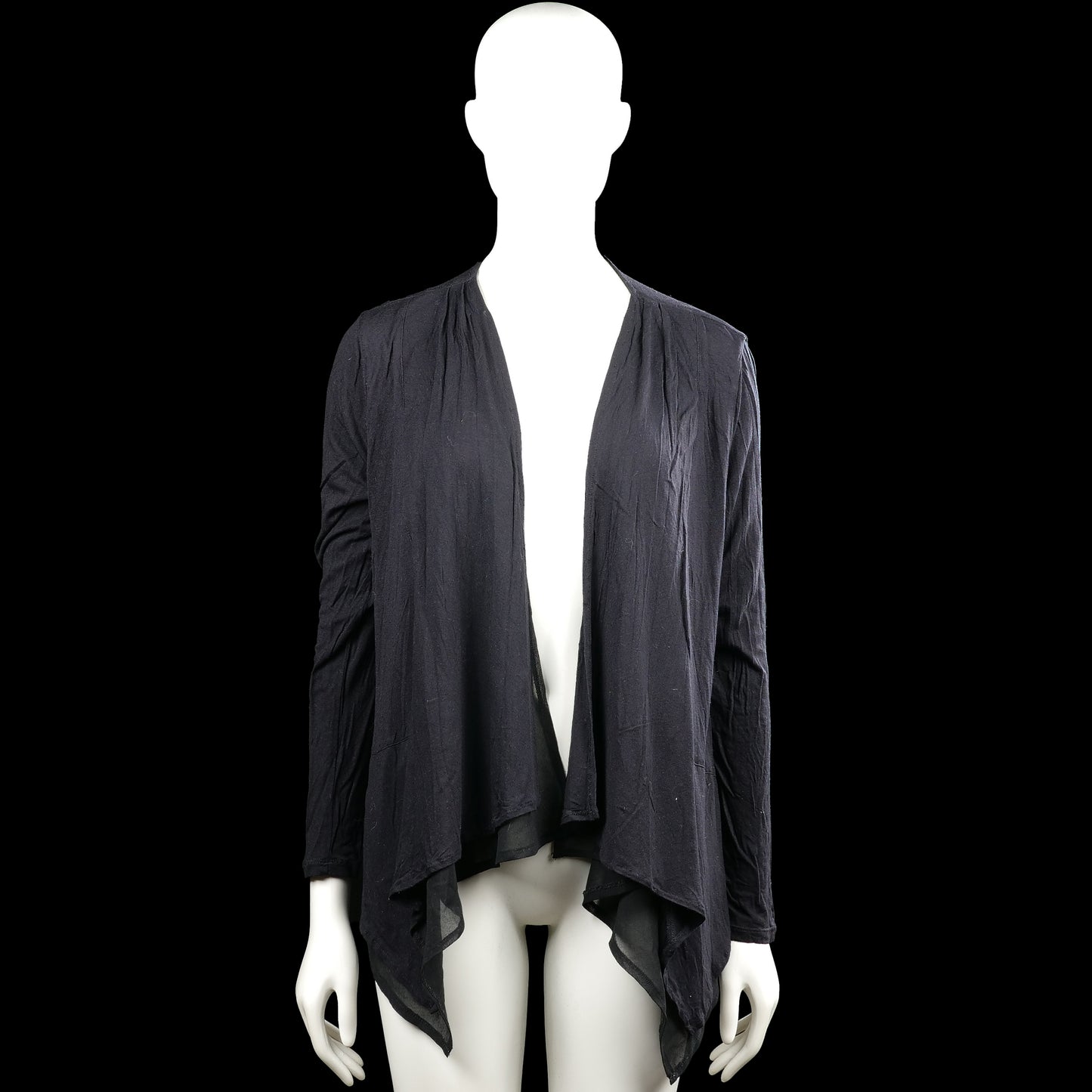 Kappahl - Cardigan - Black - Size M - Black solid open-front top with a V-neckline and long sleeves. Features plain cuffs and an asymmetrical draped hem.