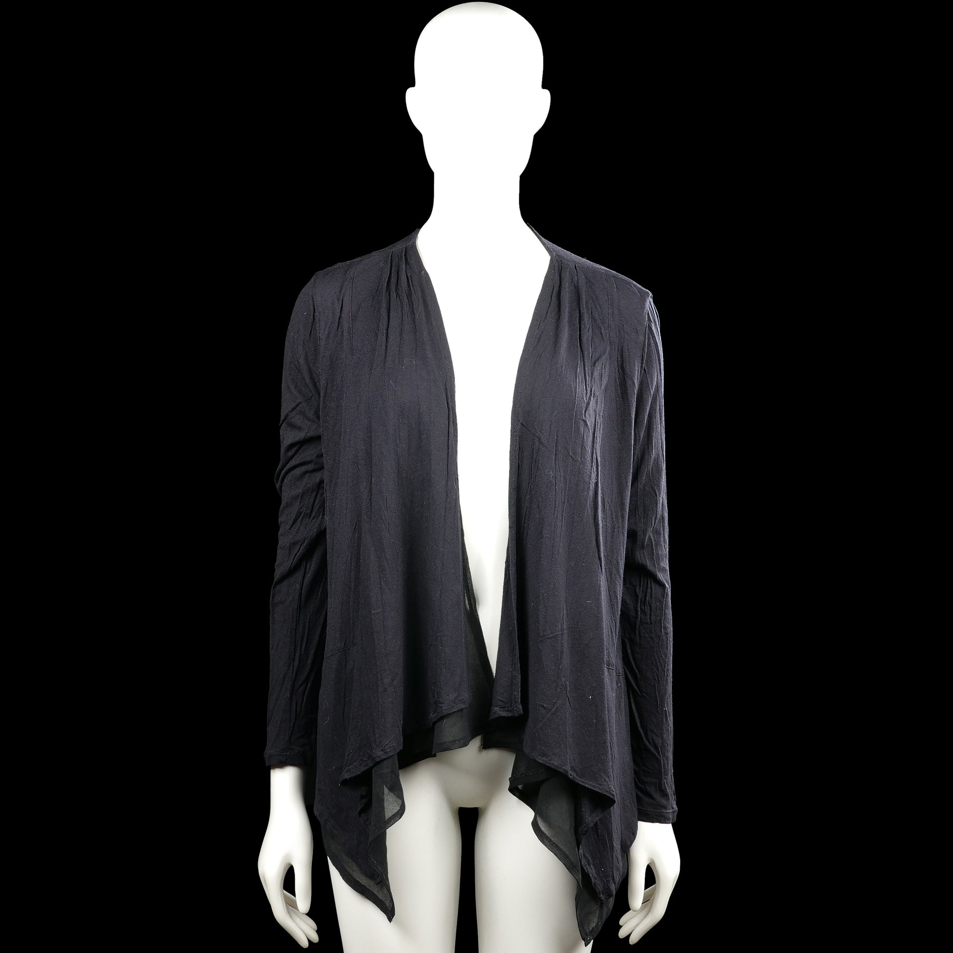 Kappahl - Cardigan - Black - Size M - Black solid open-front top with a V-neckline and long sleeves. Features plain cuffs and an asymmetrical draped hem.