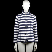 Rs sports - Sport jacket - White & Navy - Size 44 - White and navy striped top with a high neck and long sleeves. Features a front placket with strap-and-ring closures and a straight hem.
