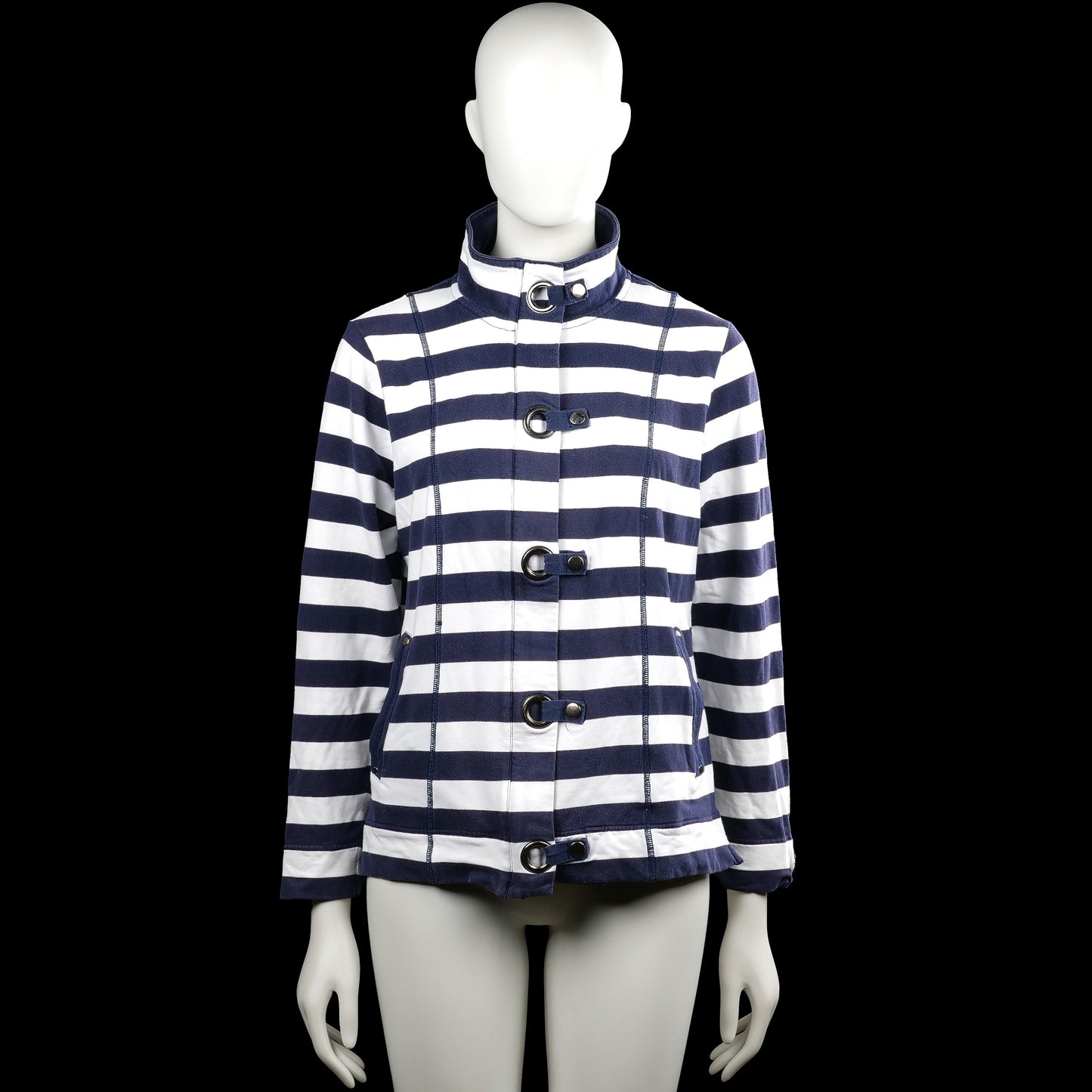 Rs sports - Sport jacket - White & Navy - Size 44 - White and navy striped top with a high neck and long sleeves. Features a front placket with strap-and-ring closures and a straight hem.