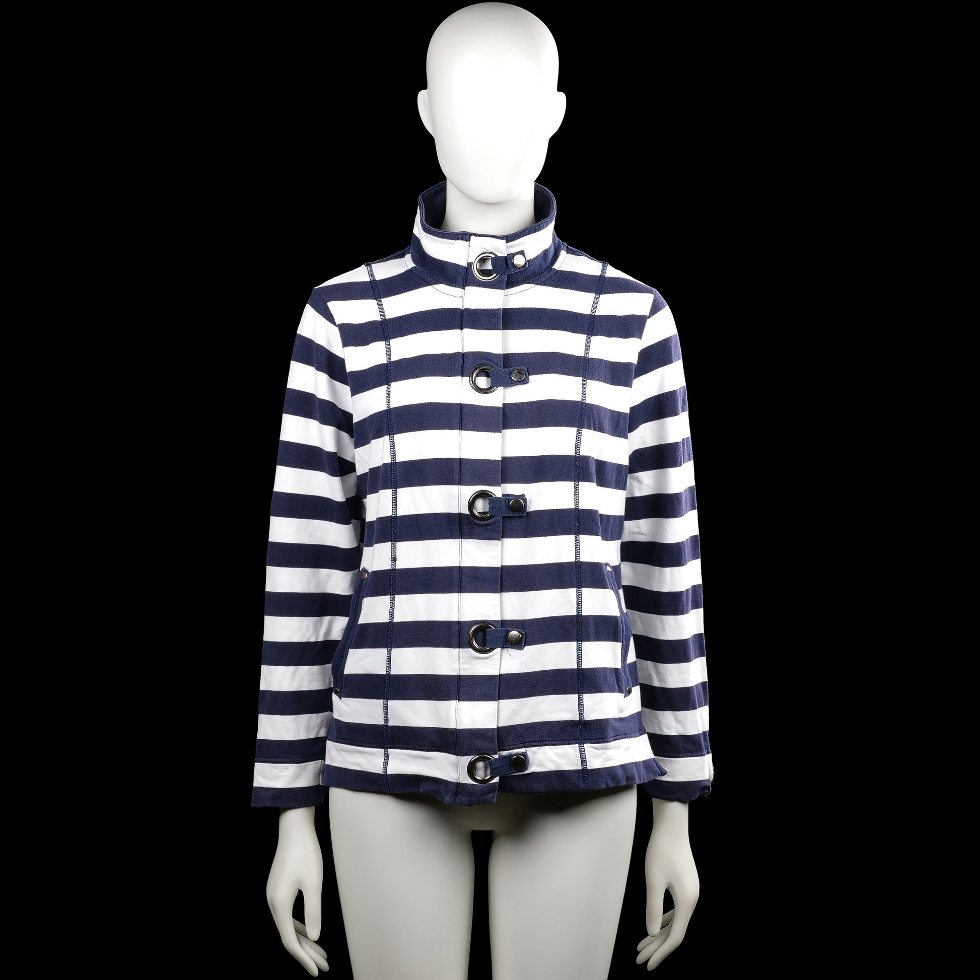Rs sports - Sport jacket - White & Navy - Size 44 - White and navy striped top with a high neck and long sleeves. Features a front placket with strap-and-ring closures and a straight hem.