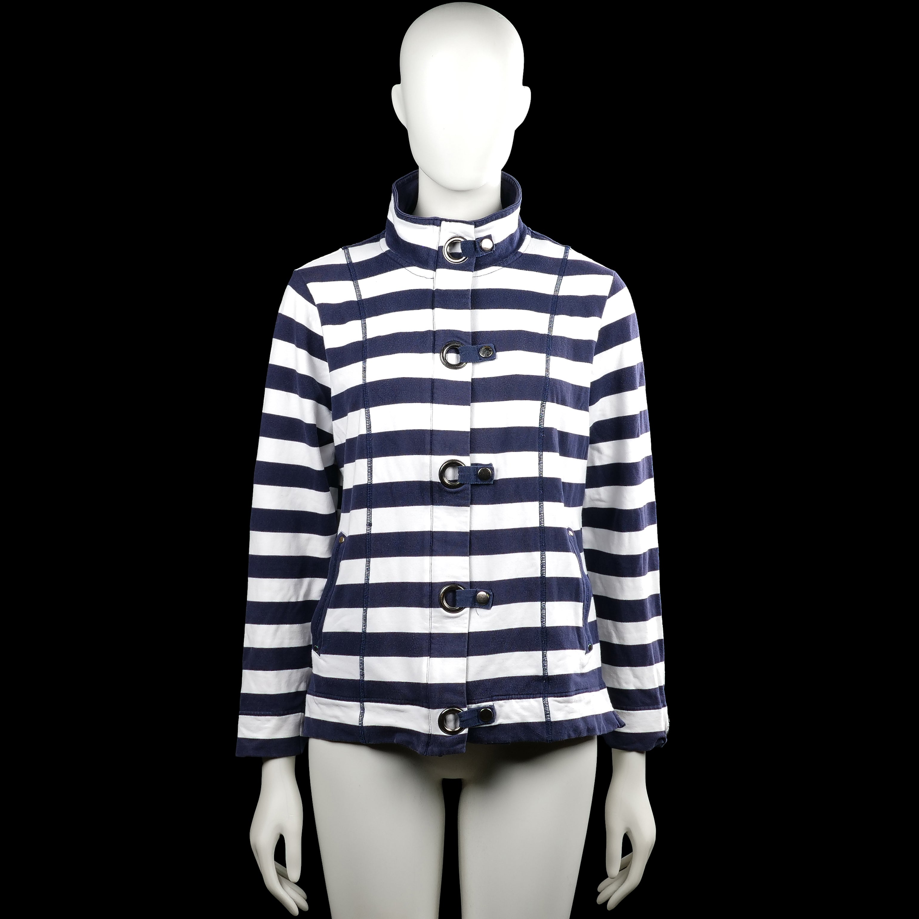 Rs sports - Sport jacket - White & Navy - Size 44 - White and navy striped top with a high neck and long sleeves. Features a front placket with strap-and-ring closures and a straight hem.