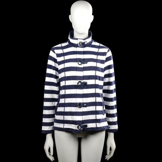 Rs sports - Sport jacket - White & Navy - Size 44 - White and navy striped top with a high neck and long sleeves. Features a front placket with strap-and-ring closures and a straight hem.
