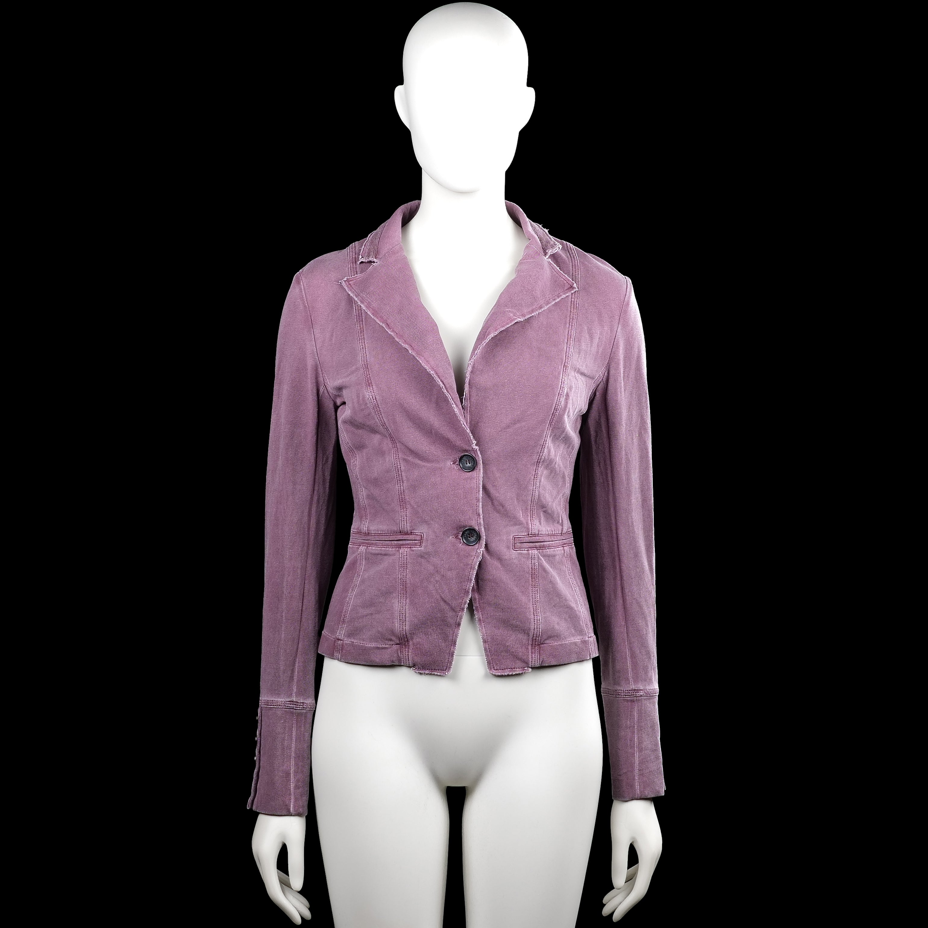 Jane lushka - Blazer - Purple - Size S - Purple solid jacket with a V-neck and notched lapels, featuring a three-button front closure. Long sleeves with button cuffs and a straight hem with two front welt pockets.
