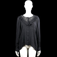 Isolde - Blouse - Black - Size XL - Black solid long-sleeve blouse with a round neckline, ruffle trim around the yoke, and a button-down front. Curved hem and button cuffs.