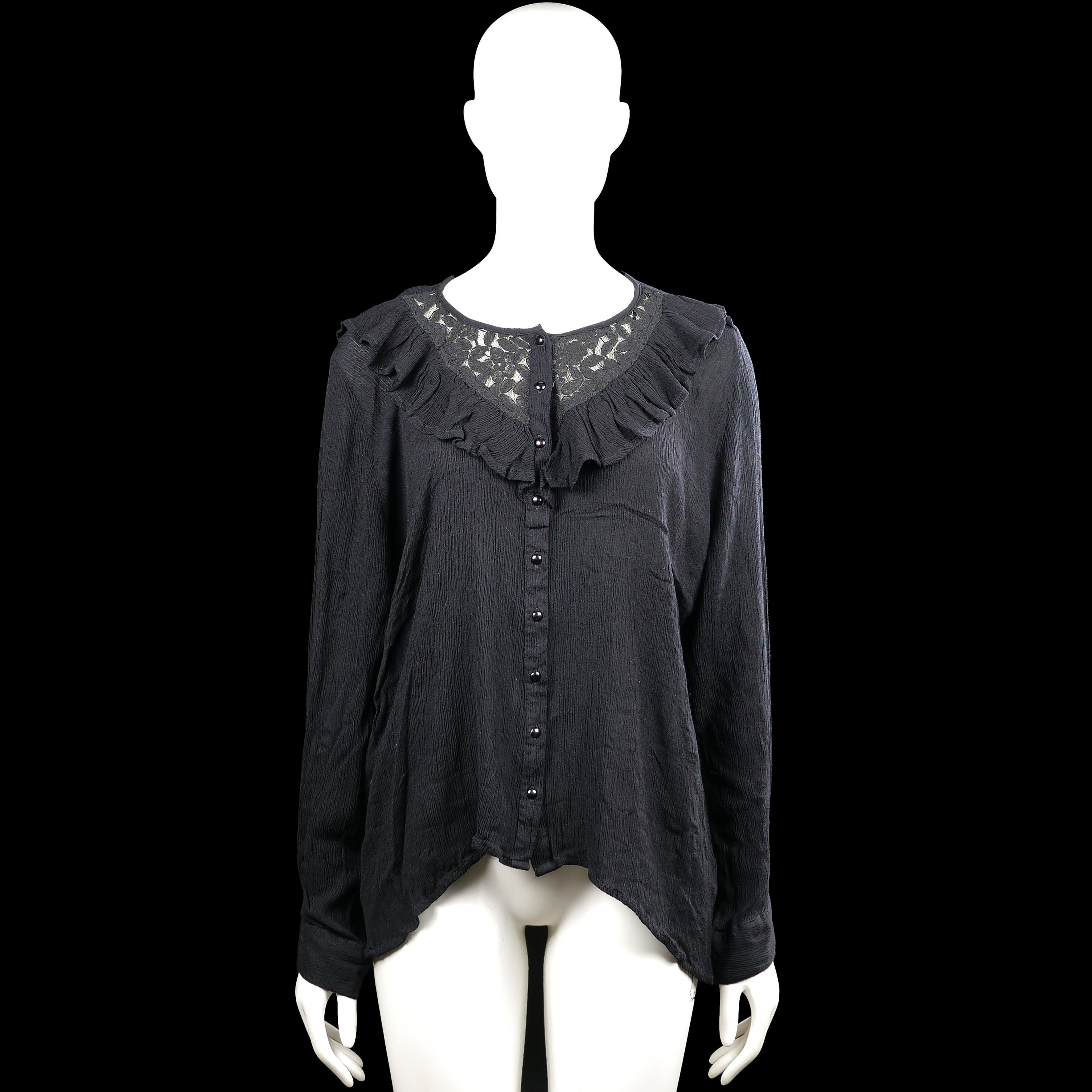 Isolde - Blouse - Black - Size XL - Black solid long-sleeve blouse with a round neckline, ruffle trim around the yoke, and a button-down front. Curved hem and button cuffs.