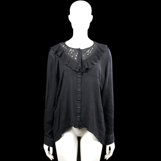 Isolde - Blouse - Black - Size XL - Black solid long-sleeve blouse with a round neckline, ruffle trim around the yoke, and a button-down front. Curved hem and button cuffs.