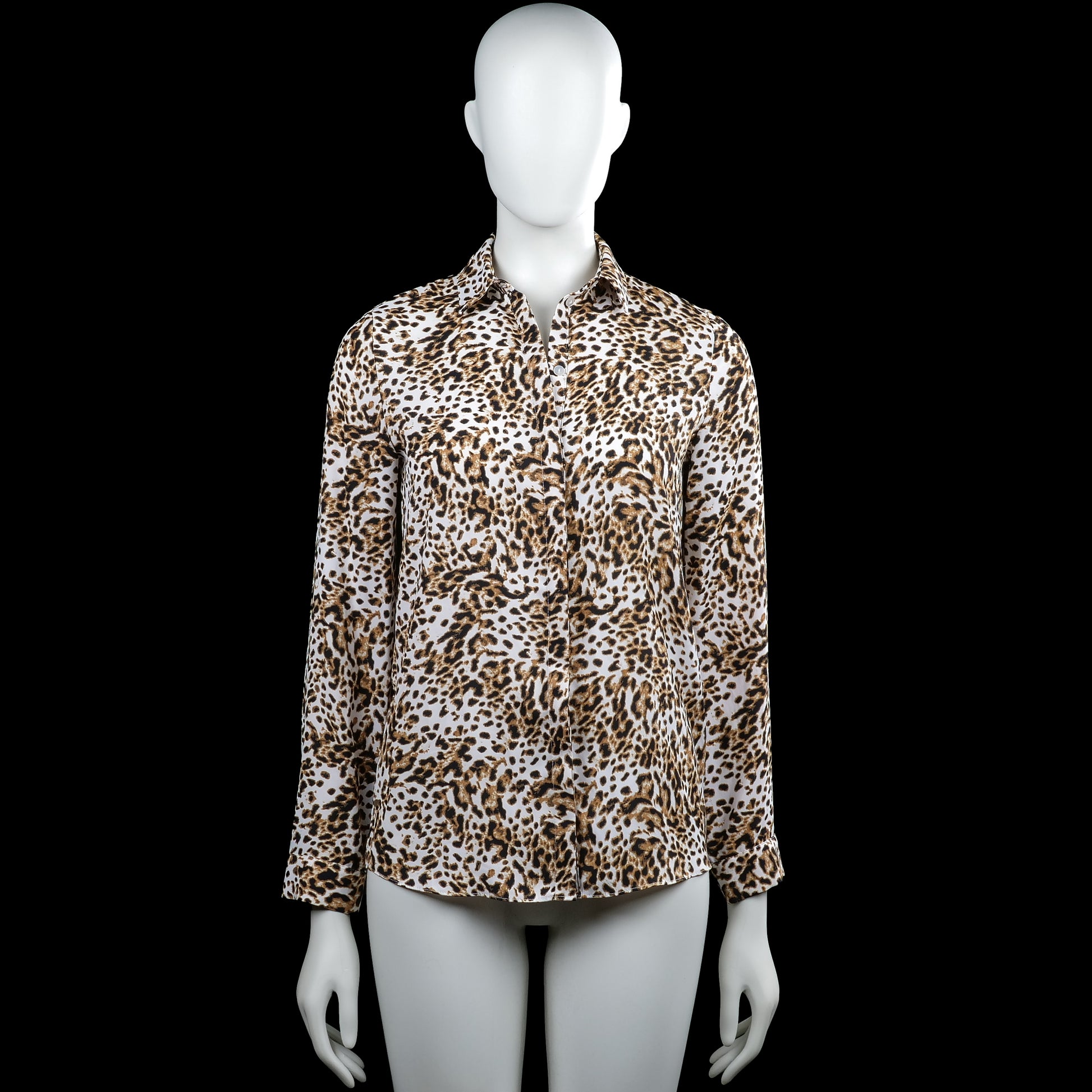 Primark - Shirt - White & Brown - Size 32 - White and brown leopard-pattern button-up shirt with a classic collar and long sleeves. Features button cuffs and a curved hem.