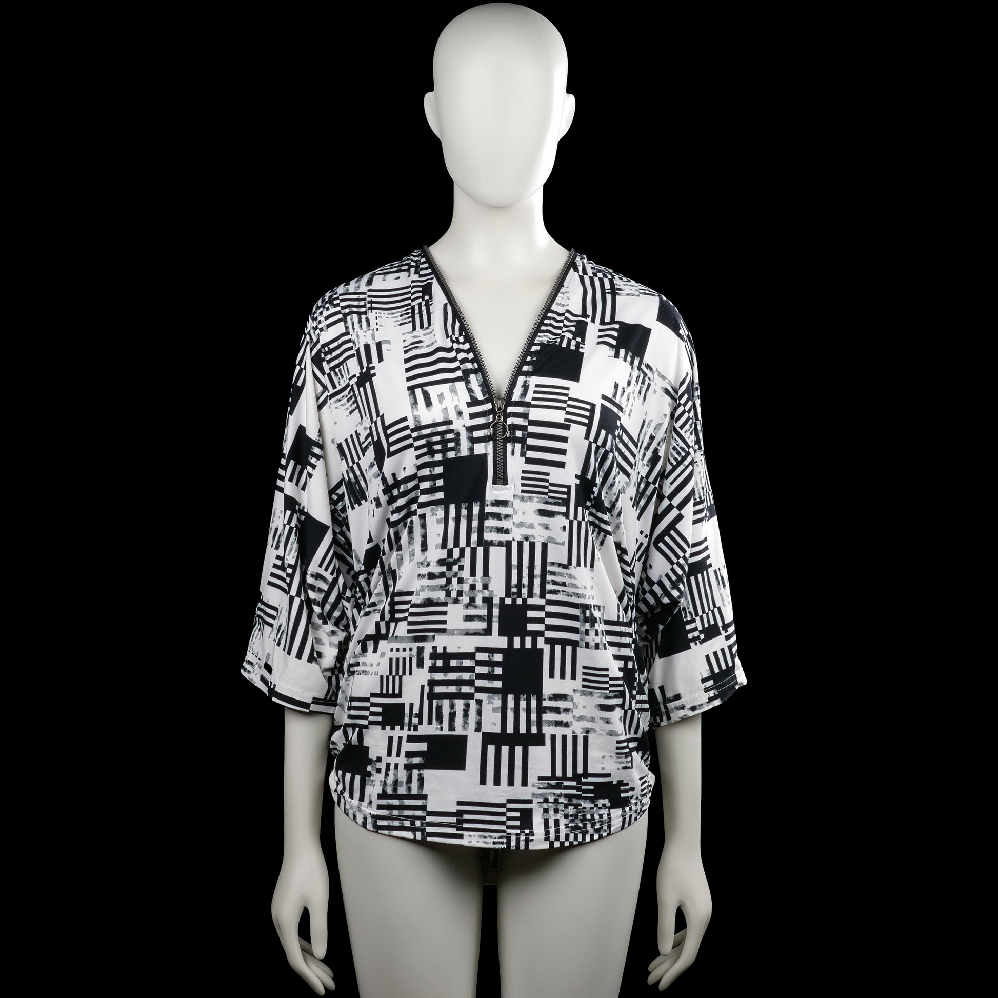 Tutti frutti - Long-sleeve top - White & Black - Size M - White and black top with an all-over geometric print and a V-neck with a short zipper. Features three-quarter sleeves with plain cuffs and a straight hem.