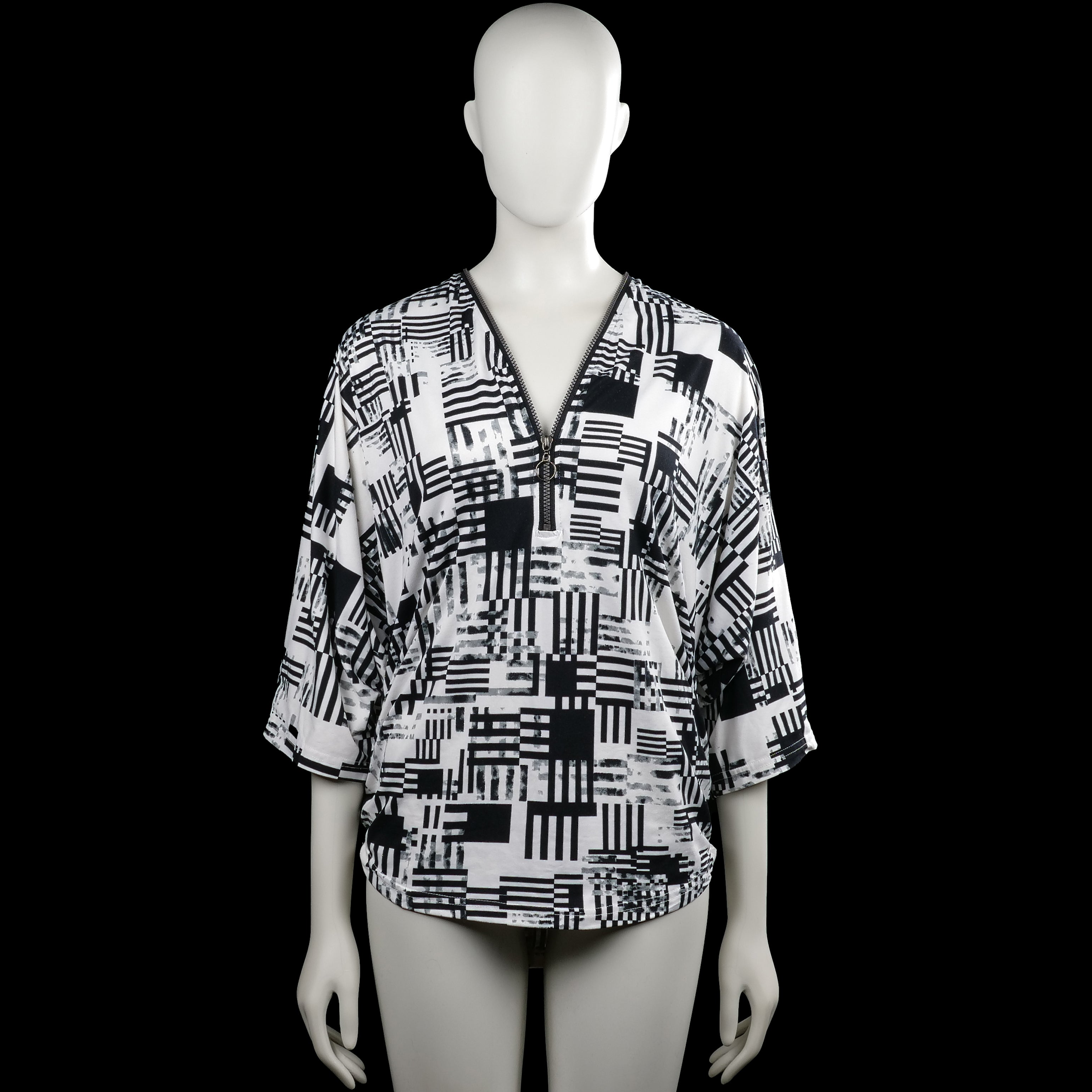 Tutti frutti - Long-sleeve top - White & Black - Size M - White and black top with an all-over geometric print and a V-neck with a short zipper. Features three-quarter sleeves with plain cuffs and a straight hem.