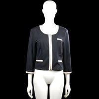 Blazer - Navy & White - Size S - Navy solid jacket with a round neckline and long sleeves with white trim at the cuffs and front opening. Features decorative white-trimmed pocket accents and a straight hem.