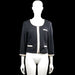 Blazer - Navy & White - Size S - Navy solid jacket with a round neckline and long sleeves with white trim at the cuffs and front opening. Features decorative white-trimmed pocket accents and a straight hem.
