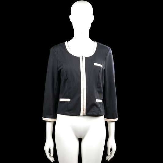 Blazer - Navy & White - Size S - Navy solid jacket with a round neckline and long sleeves with white trim at the cuffs and front opening. Features decorative white-trimmed pocket accents and a straight hem.