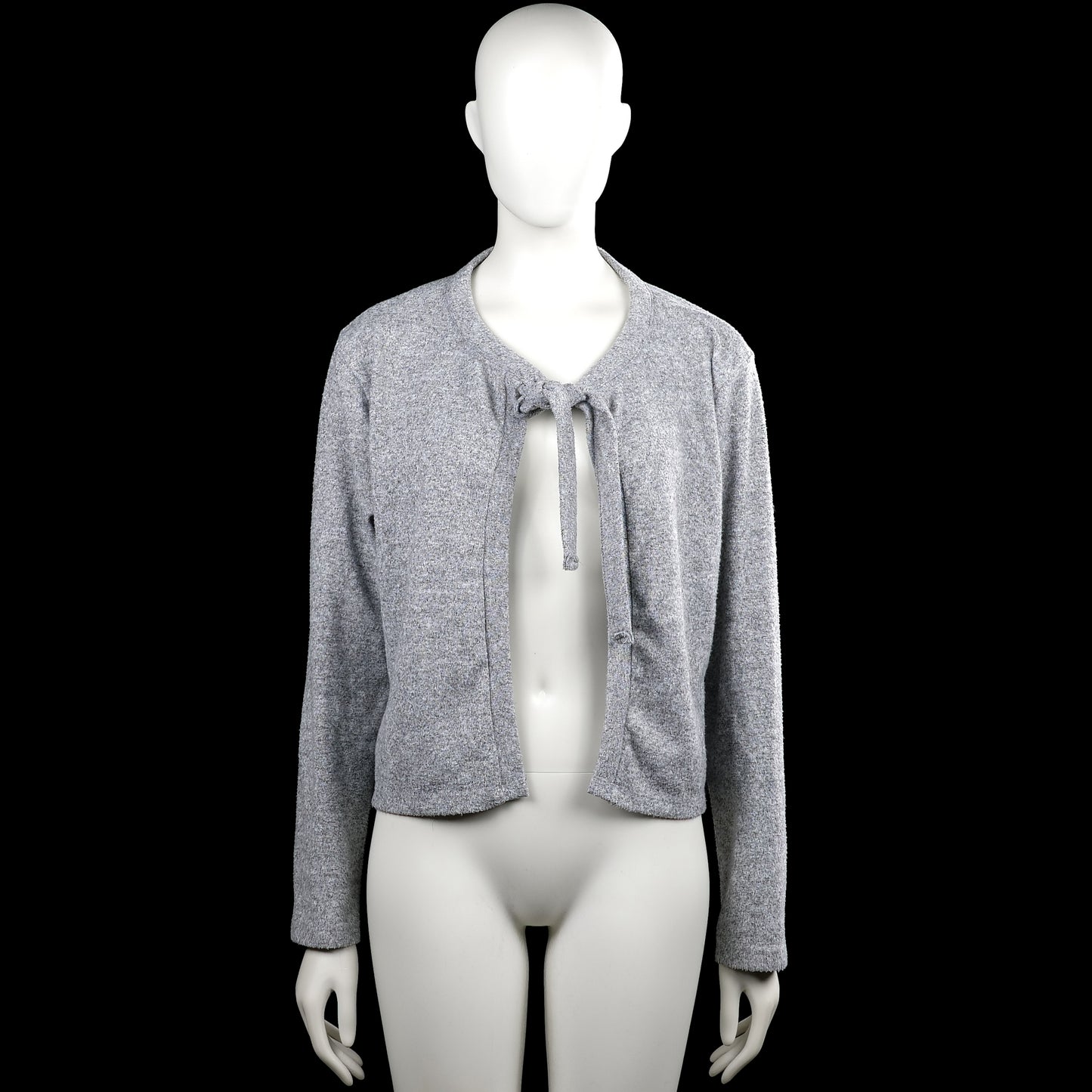 157 - Cardigan - Gray - Size M - Gray solid open-front cardigan with a round neckline and a tie closure at the chest. Long sleeves with plain cuffs and a straight hem.