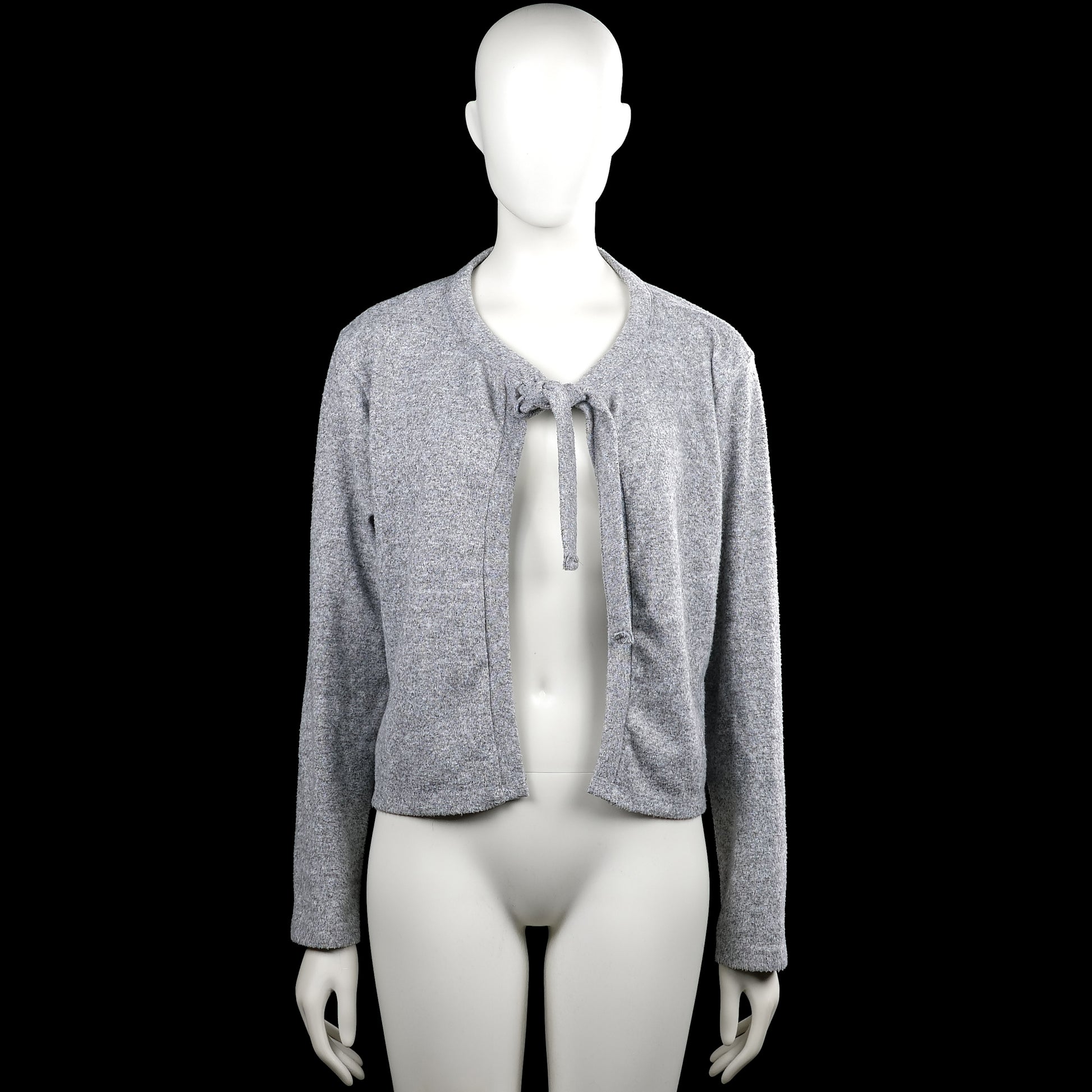157 - Cardigan - Gray - Size M - Gray solid open-front cardigan with a round neckline and a tie closure at the chest. Long sleeves with plain cuffs and a straight hem.