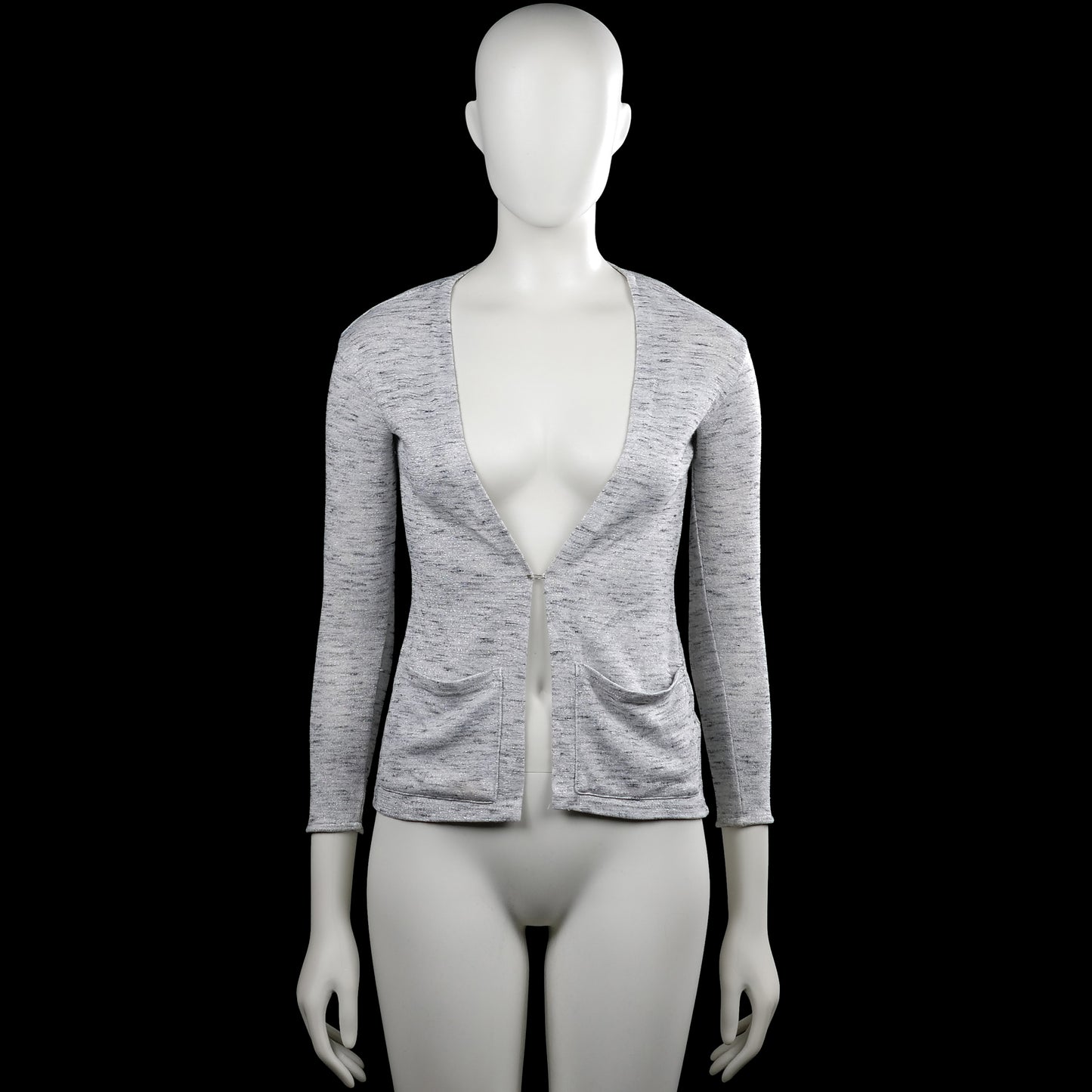 H&M - Cardigan - Light Gray - Size 134, 140 - Light gray solid open-front top with a deep V neckline and long sleeves. Features front patch pockets, plain cuffs, and a straight hem.