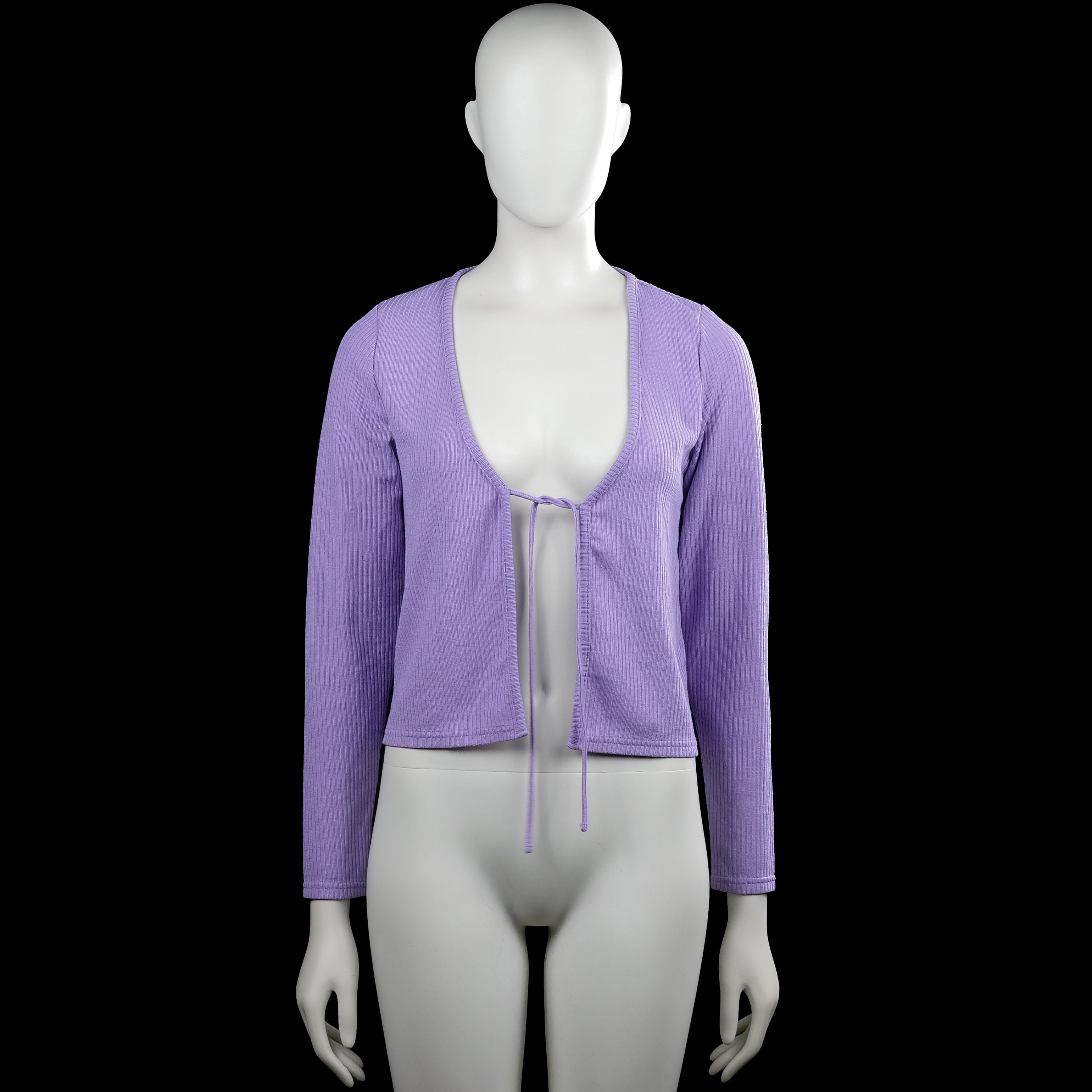 H&M Divided - Cardigan - Lavender - Size M - Lavender solid ribbed top with a deep V-neck and long sleeves. Features a front tie closure and straight hem with plain cuffs.