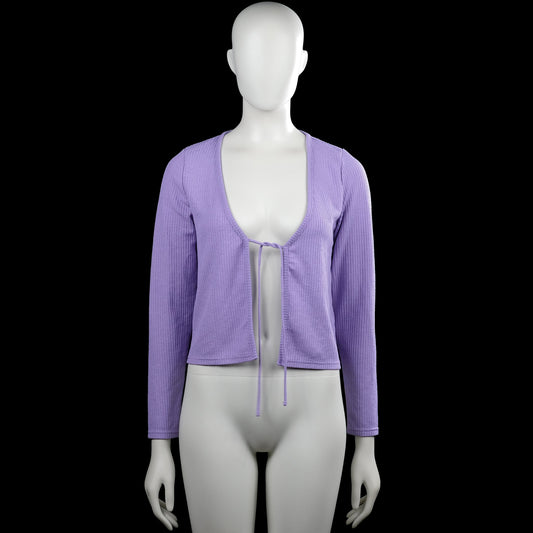 H&M Divided - Cardigan - Lavender - Size M - Lavender solid ribbed top with a deep V-neck and long sleeves. Features a front tie closure and straight hem with plain cuffs.