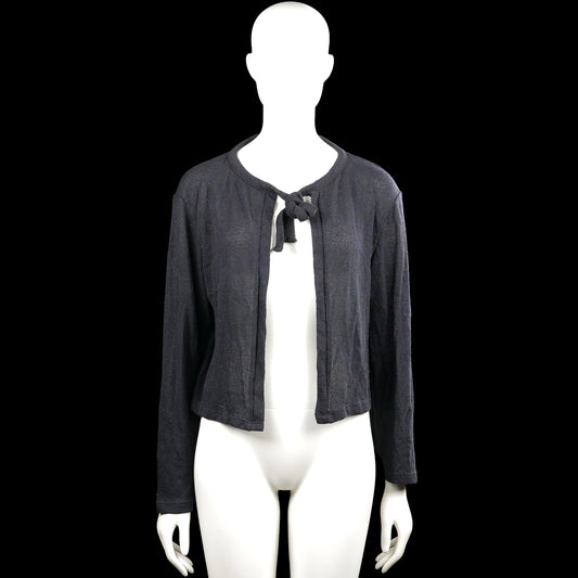 157 - Cardigan - Charcoal - Size S - Charcoal solid open-front cardigan with a round neckline and a tied bow closure at the chest. Long sleeves with plain cuffs and a straight hem.