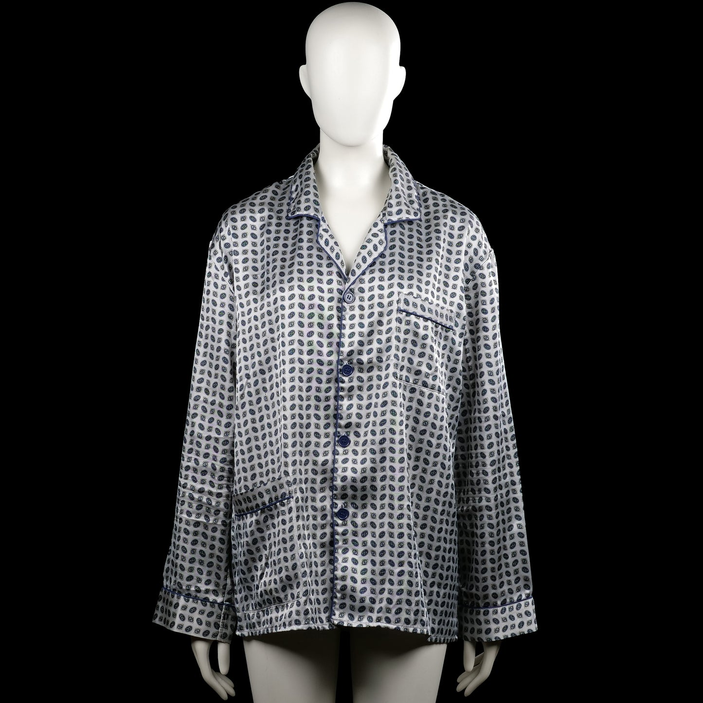 Enrico mori - Shirt - White & Navy - Size M - White and navy printed button-front top with a classic collar and long sleeves. Features a chest patch pocket, plain cuffs, and a straight hem.