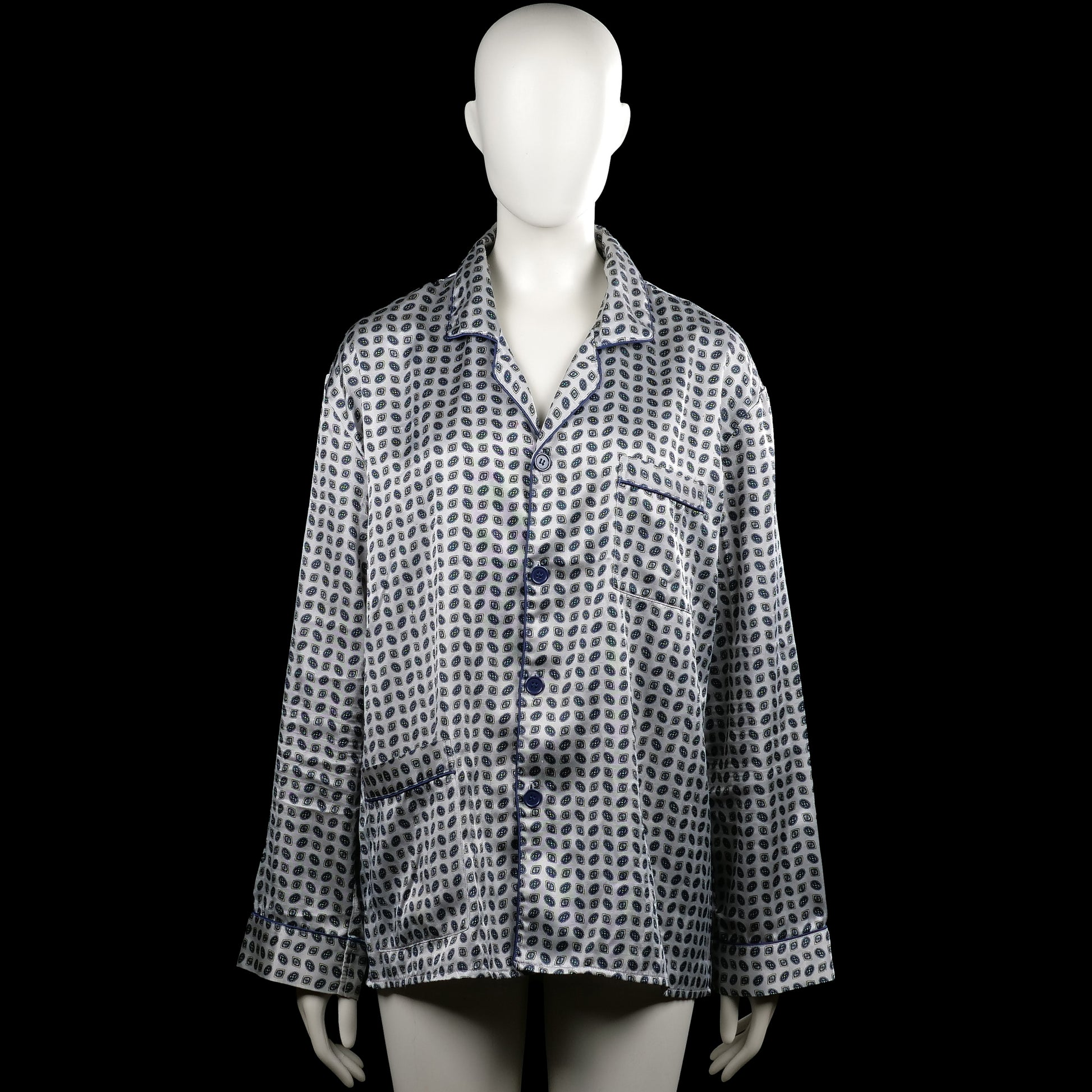 Enrico mori - Shirt - White & Navy - Size M - White and navy printed button-front top with a classic collar and long sleeves. Features a chest patch pocket, plain cuffs, and a straight hem.