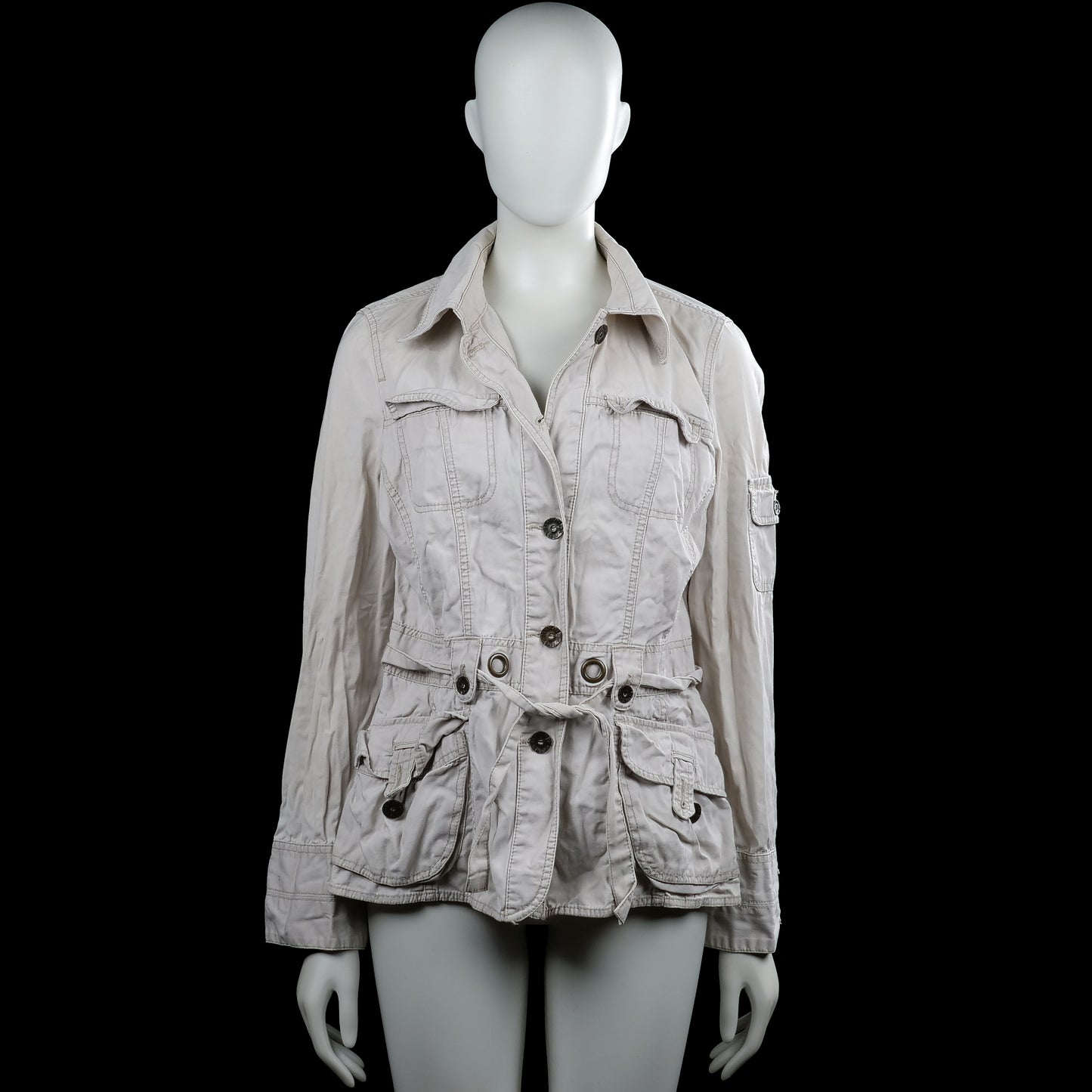 Tom tailor - Safari jacket - Beige - Size 38 - Beige solid long-sleeve jacket with a classic collar and front button closure. Features flap pockets, a waist tie, button cuffs, and a straight hem.
