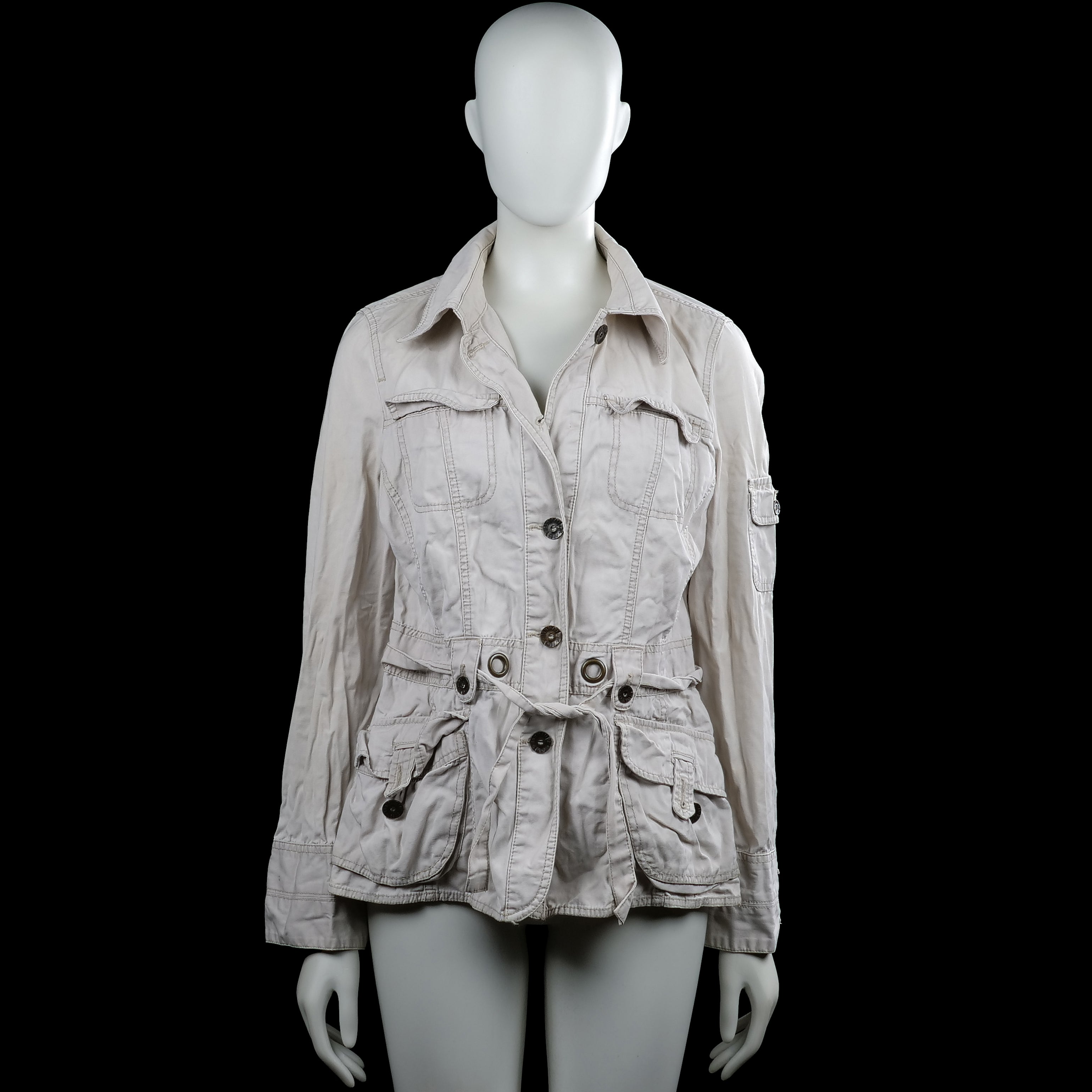 Tom tailor - Safari jacket - Beige - Size 38 - Beige solid long-sleeve jacket with a classic collar and front button closure. Features flap pockets, a waist tie, button cuffs, and a straight hem.