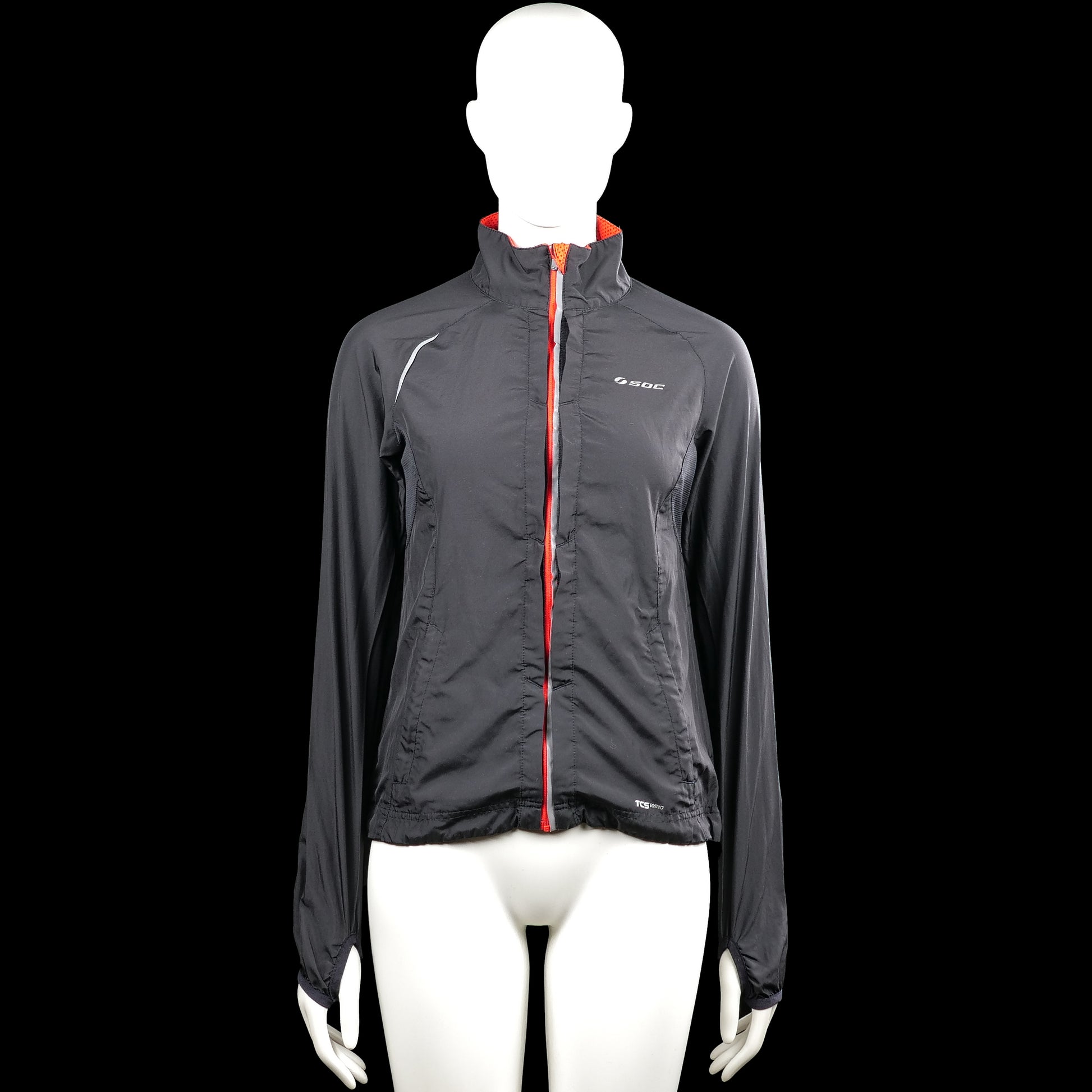 Soc - Windbreaker - Black & Red - Size 34 - Black solid jacket with a high neck and a front zip closure with a red placket detail. Long sleeves with elastic cuffs and a straight hem.
