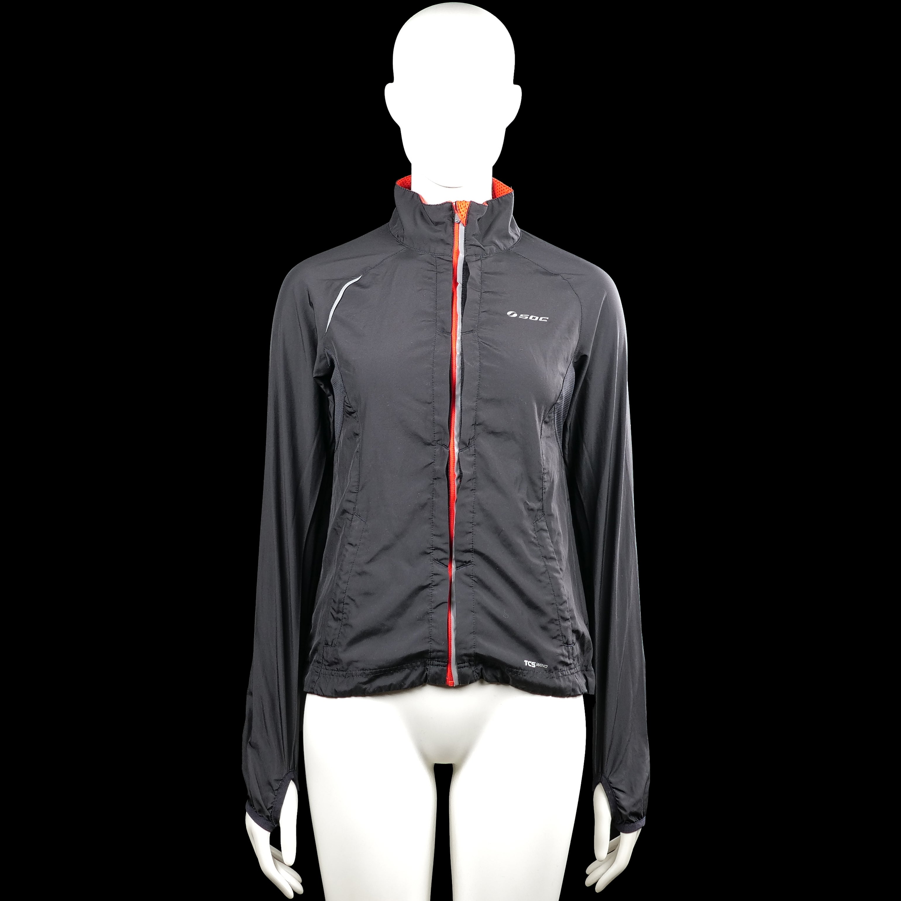Soc - Windbreaker - Black & Red - Size 34 - Black solid jacket with a high neck and a front zip closure with a red placket detail. Long sleeves with elastic cuffs and a straight hem.