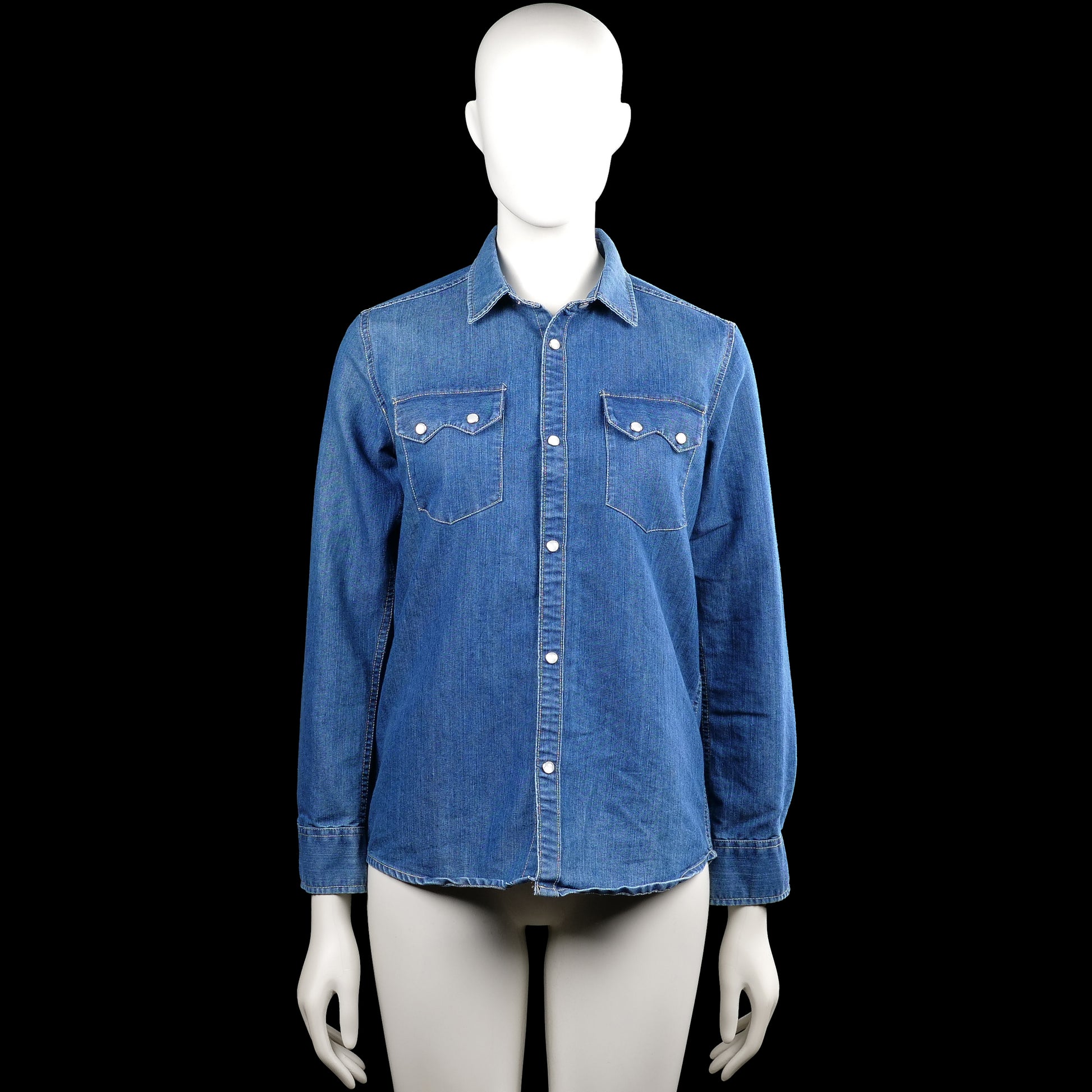 157 - Shirt - Denim Blue - Size 160 - Denim blue solid button-up shirt with a classic collar and long sleeves. Features buttoned chest flap pockets, buttoned cuffs, and a curved hem.