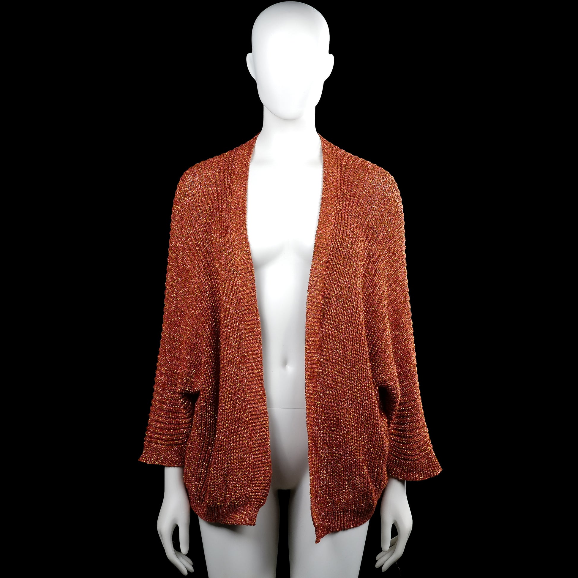 Pescara - Cardigan - Rust & Amber - Size S, M - Rust and amber solid open-front cardigan with a V-neckline and three-quarter sleeves. Features plain cuffs and a straight hem.