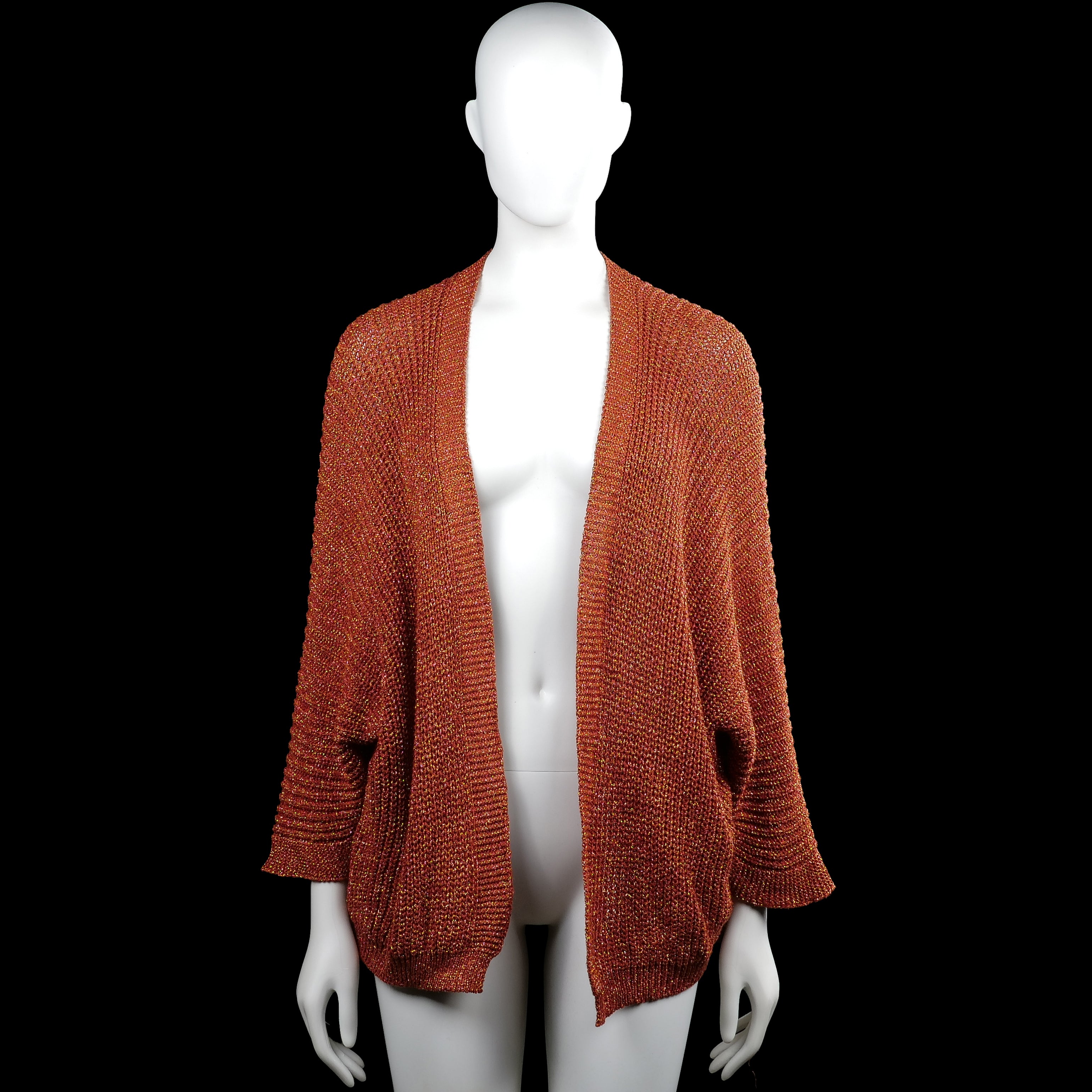 Pescara - Cardigan - Rust & Amber - Size S, M - Rust and amber solid open-front cardigan with a V-neckline and three-quarter sleeves. Features plain cuffs and a straight hem.