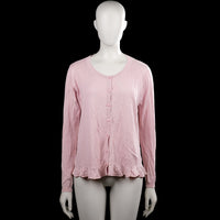 Haraya - Cardigan - Pink - Size M - Pink solid cardigan with a round neckline and a button-down front. Features long sleeves with ribbed cuffs and a ruffle hem.